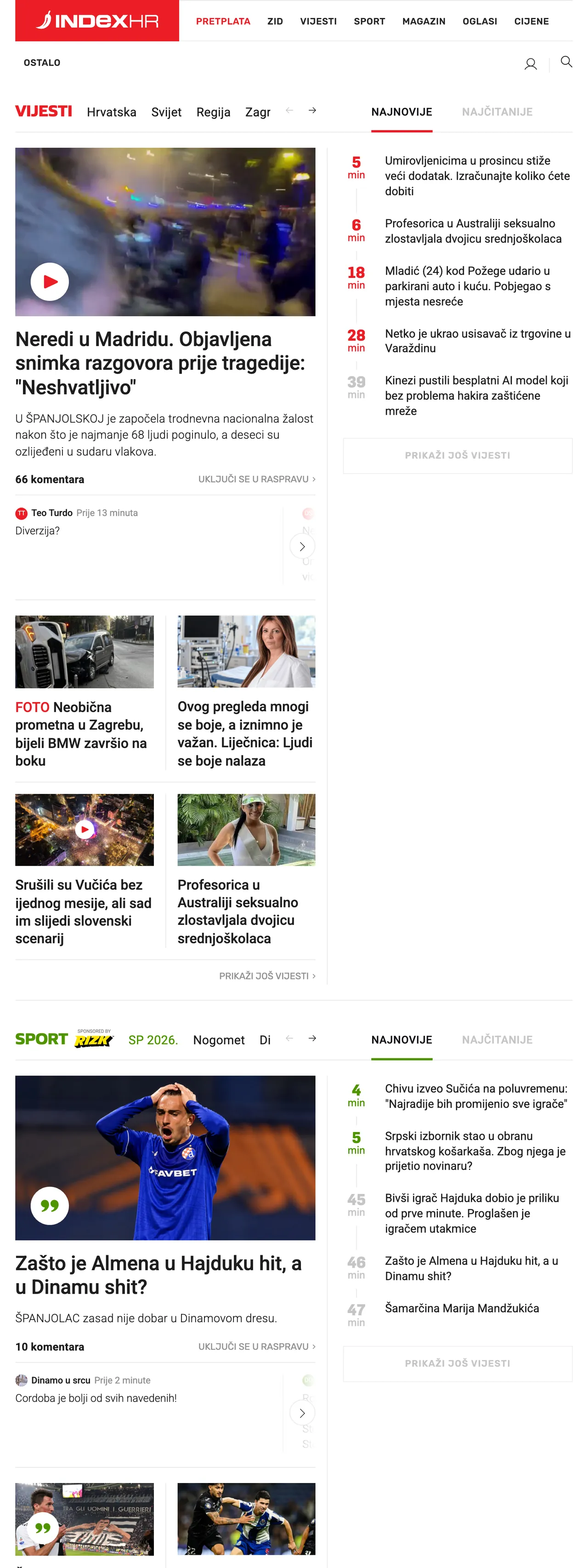 Screenshot of the Index.hr front page