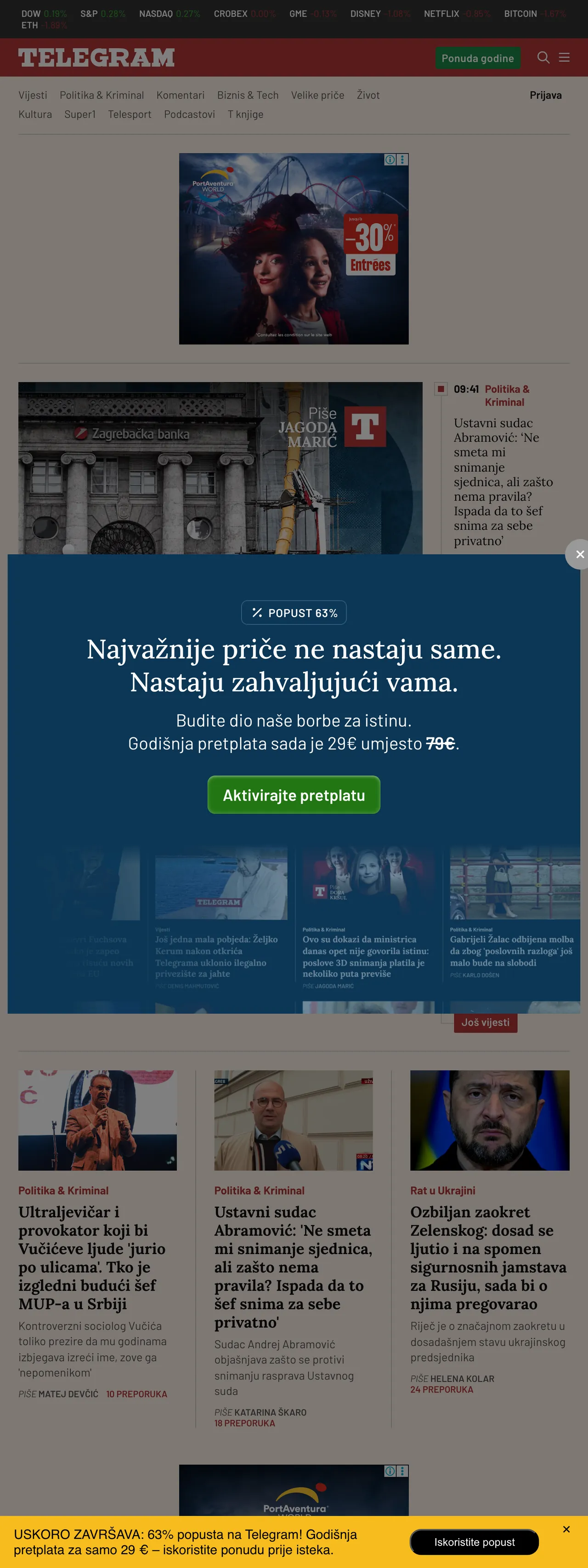 Screenshot of the Telegram.hr front page