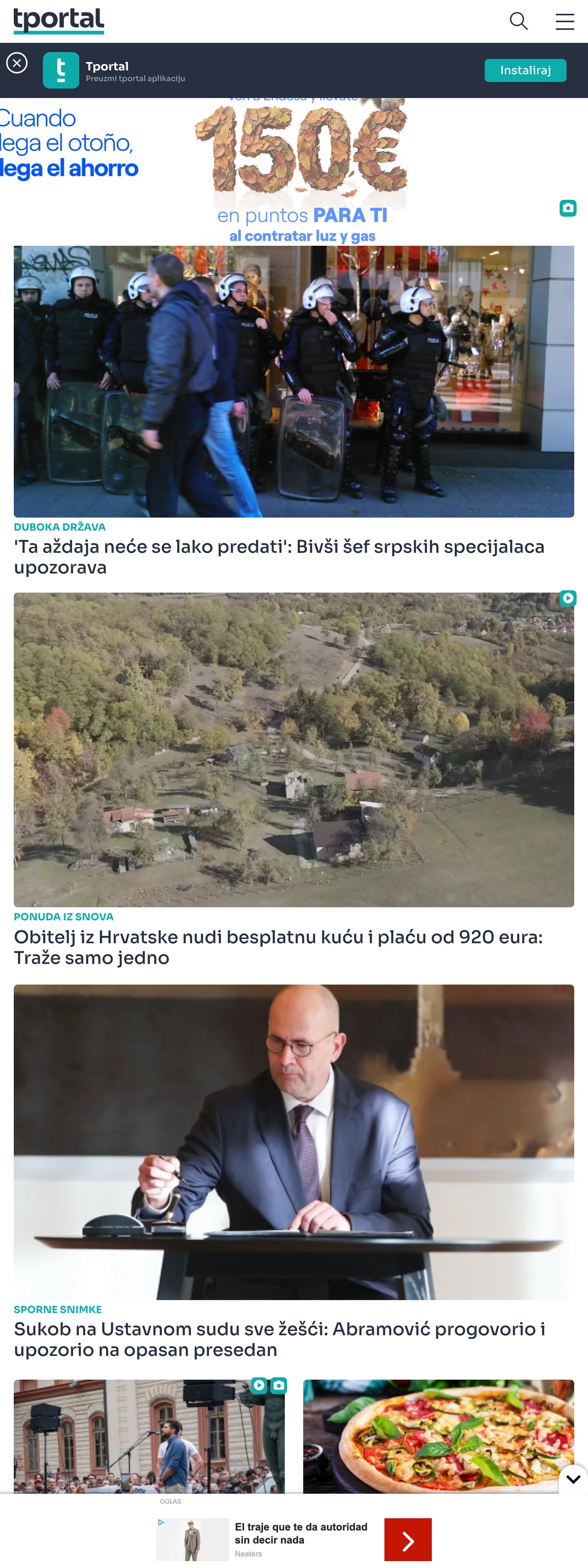 Screenshot of the tportal front page