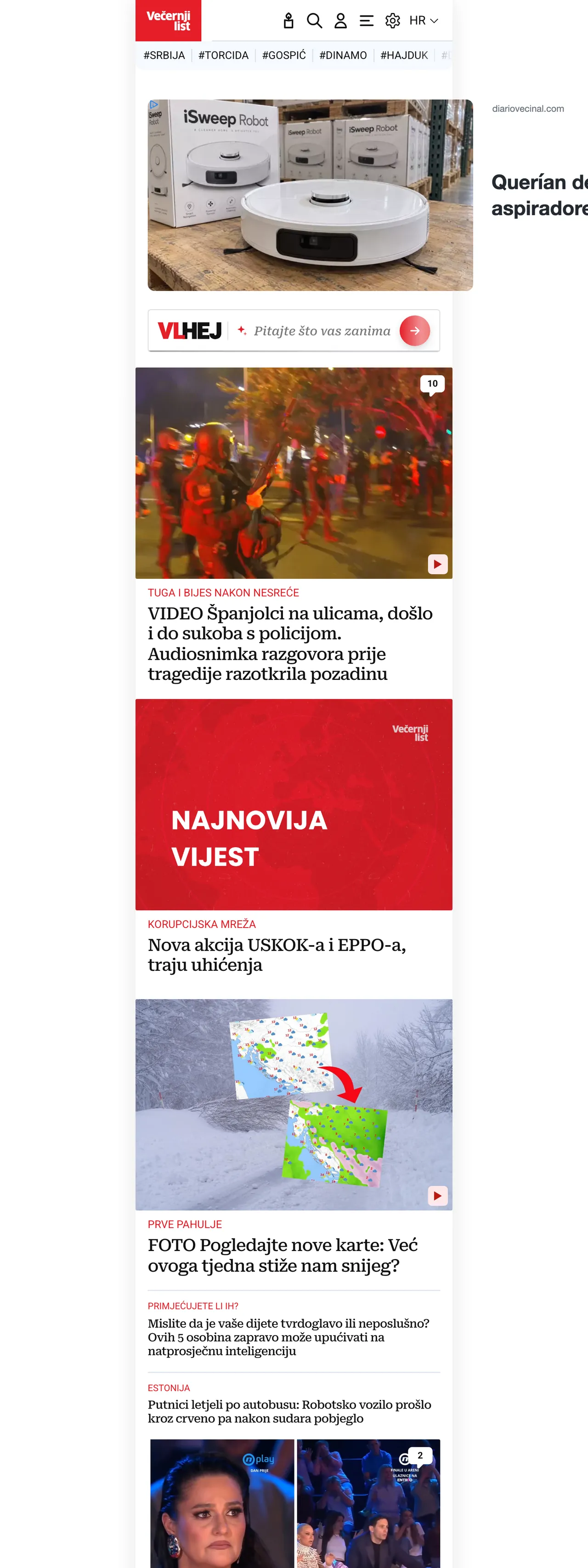 Screenshot of the Večernji list front page