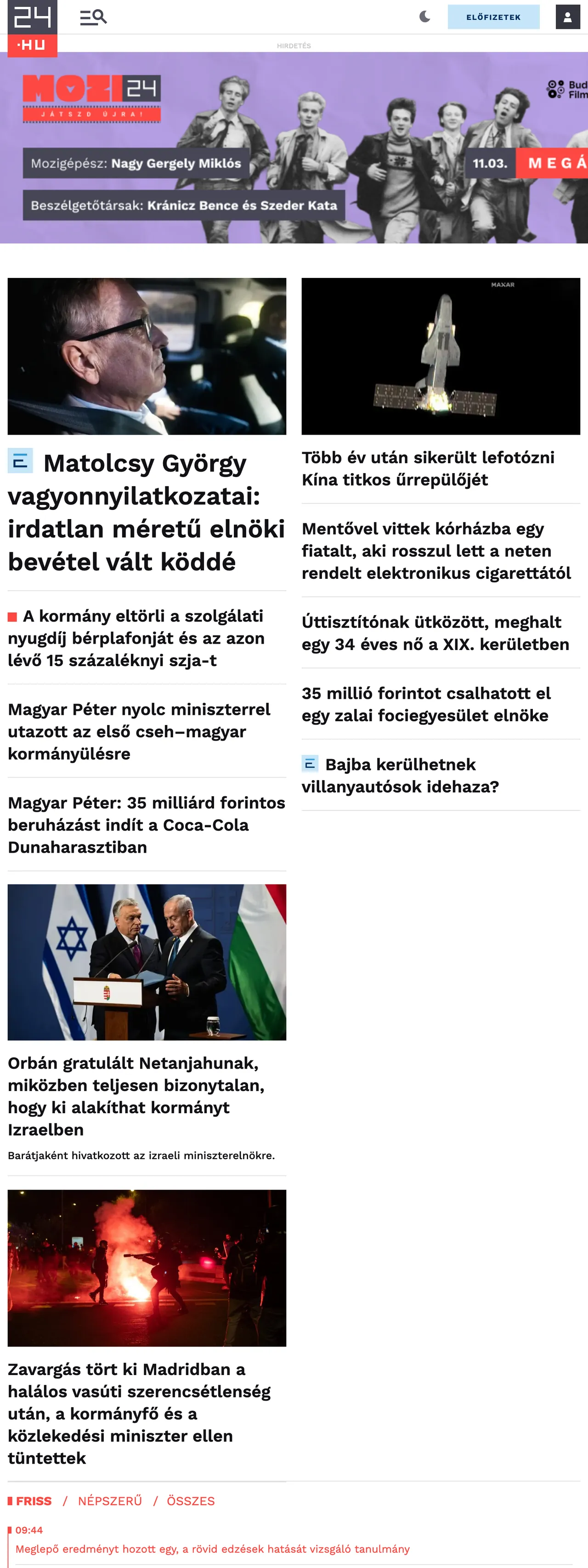 Screenshot of the 24.hu front page
