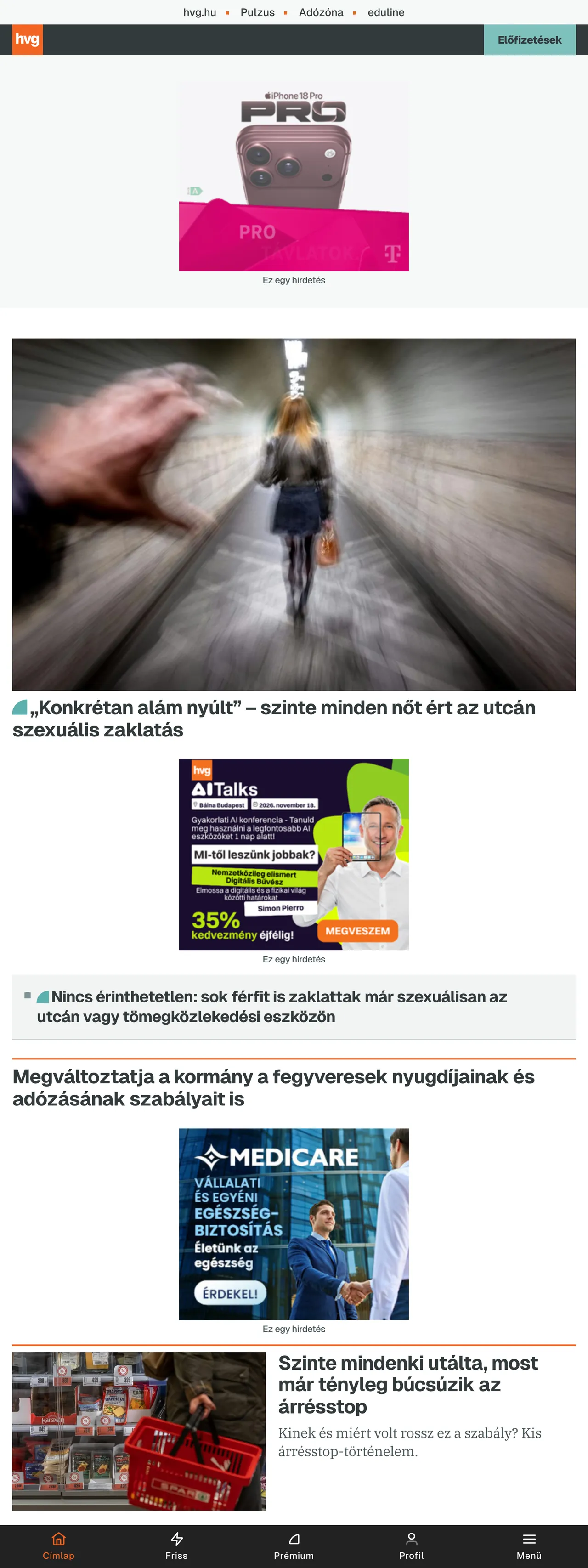 Screenshot of the HVG front page