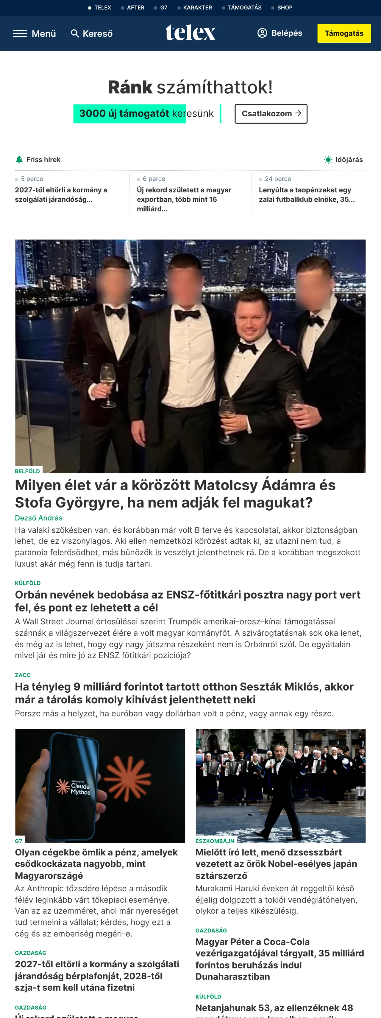 Screenshot of the Telex front page