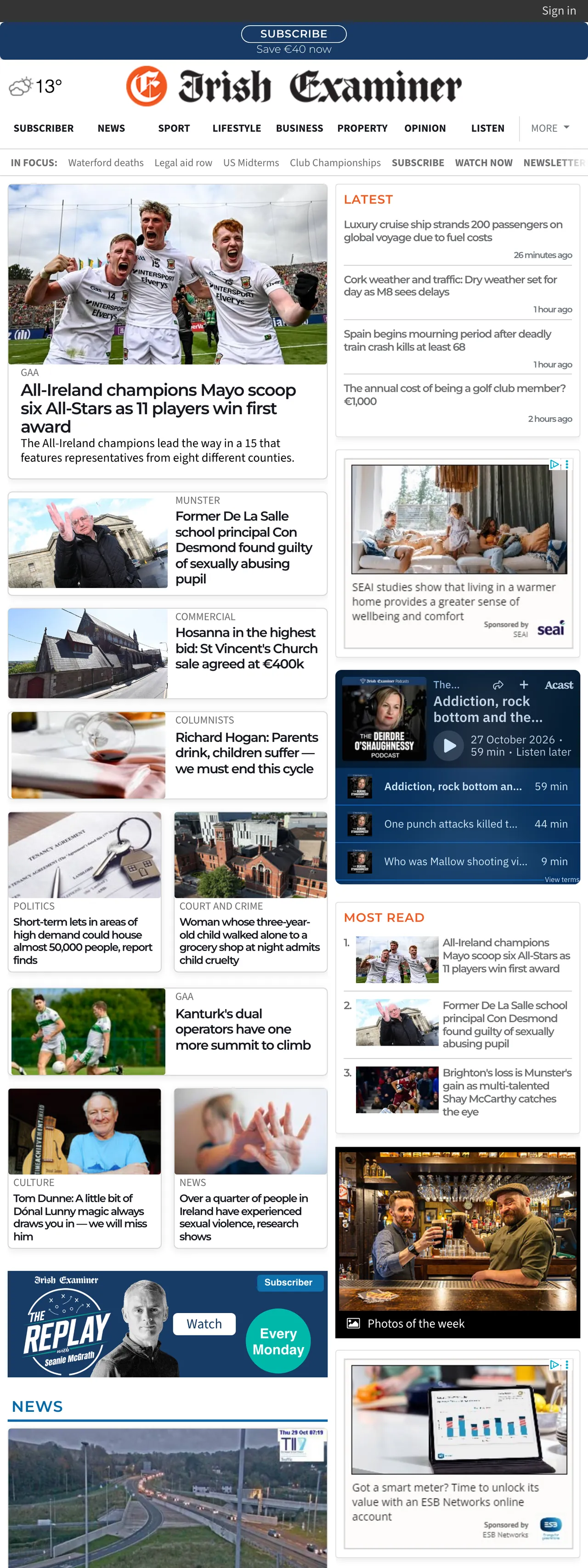Screenshot of the Irish Examiner front page