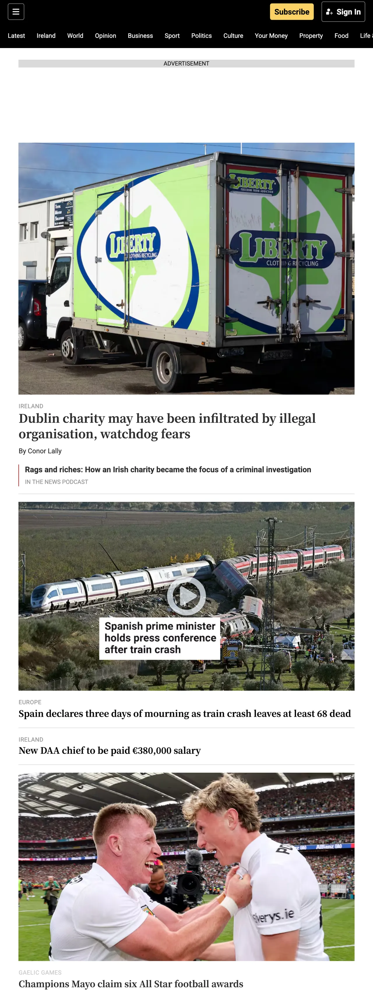Screenshot of the The Irish Times front page