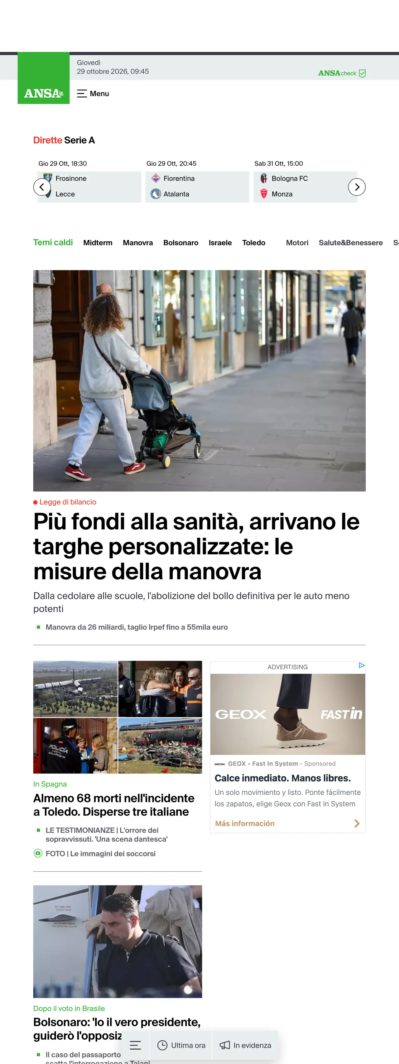Screenshot of the ANSA front page