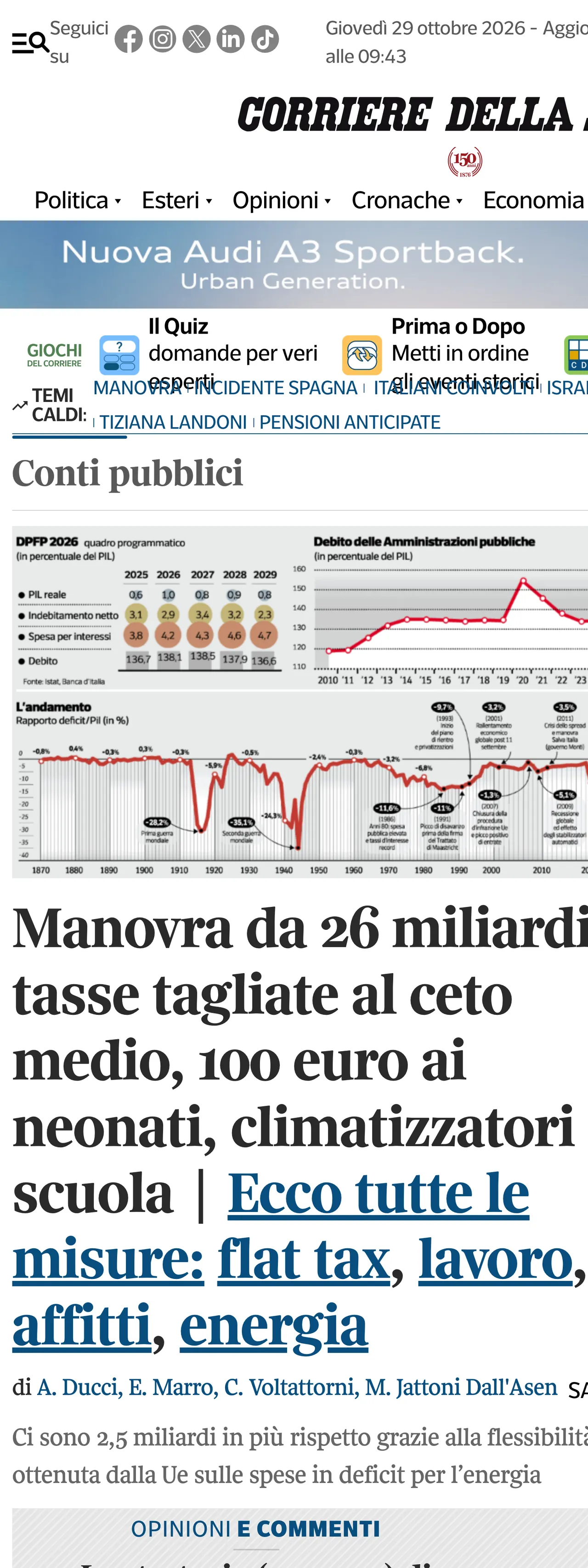 Screenshot of the Corriere della Sera front page