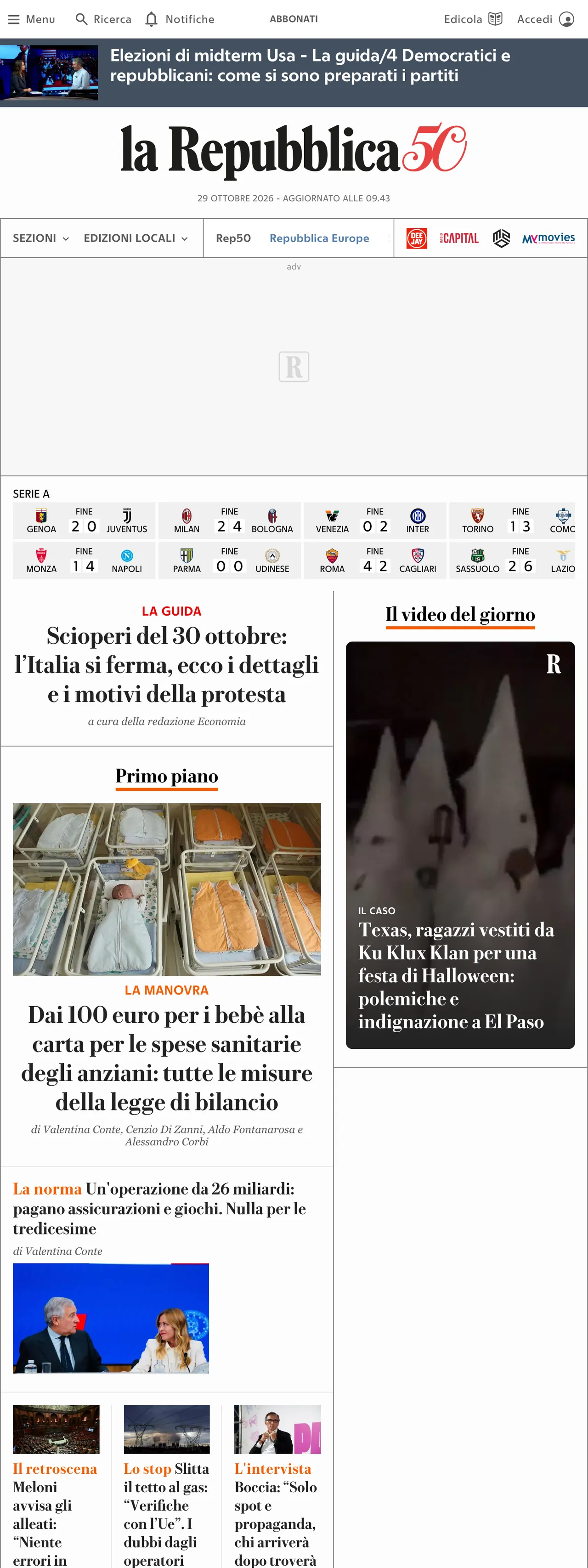 Screenshot of the la Repubblica front page
