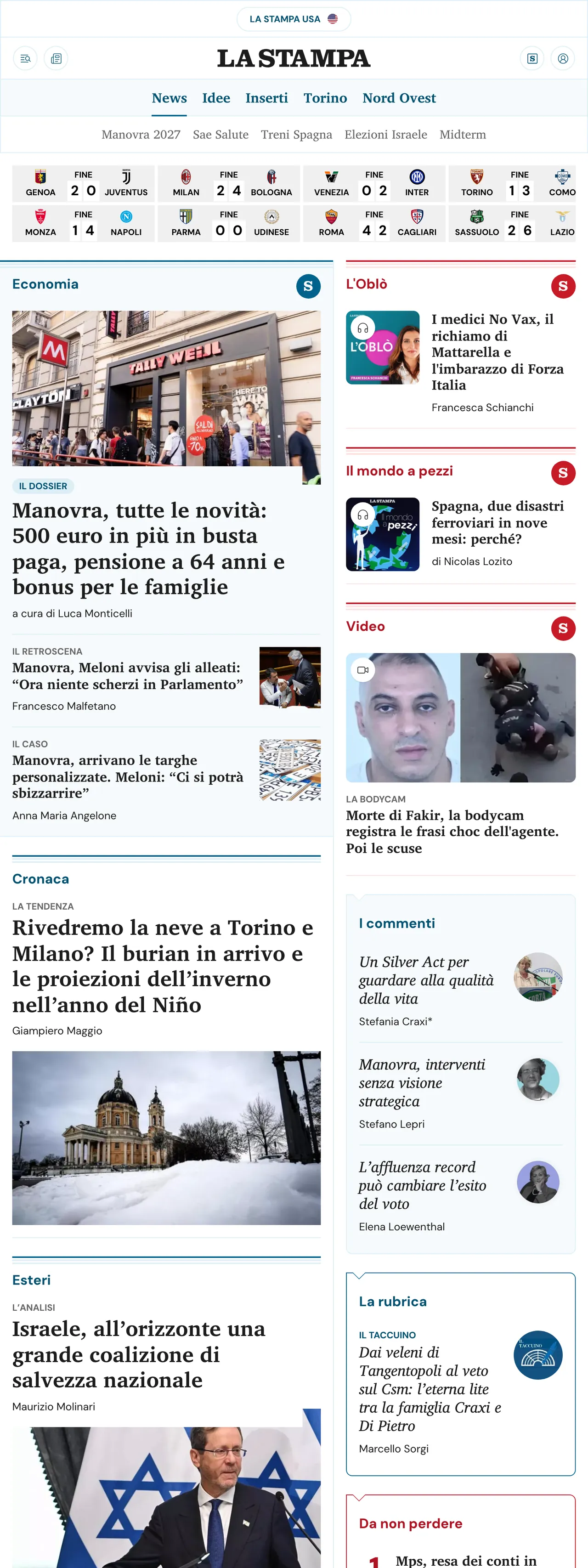 Screenshot of the La Stampa front page