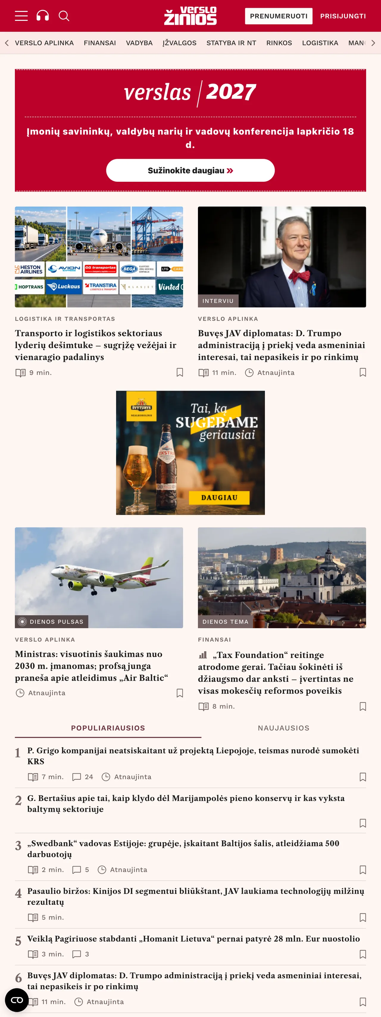 Screenshot of the Verslo žinios front page
