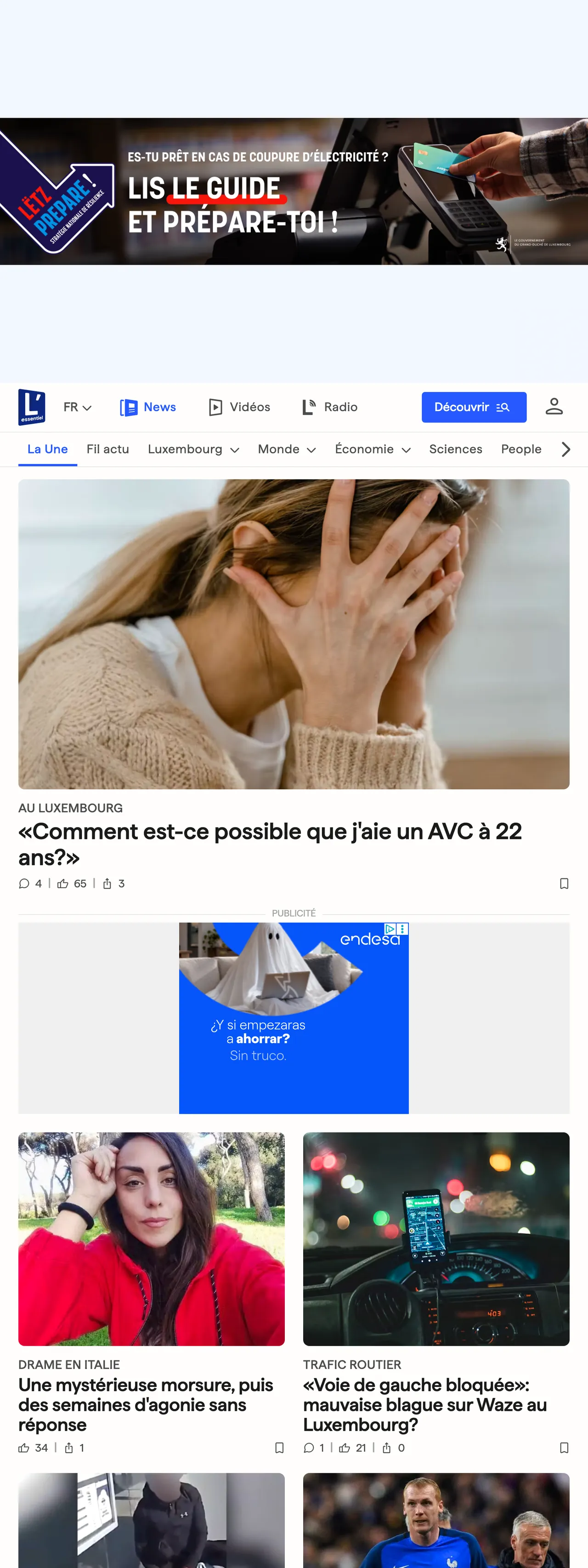Screenshot of the L'essentiel front page
