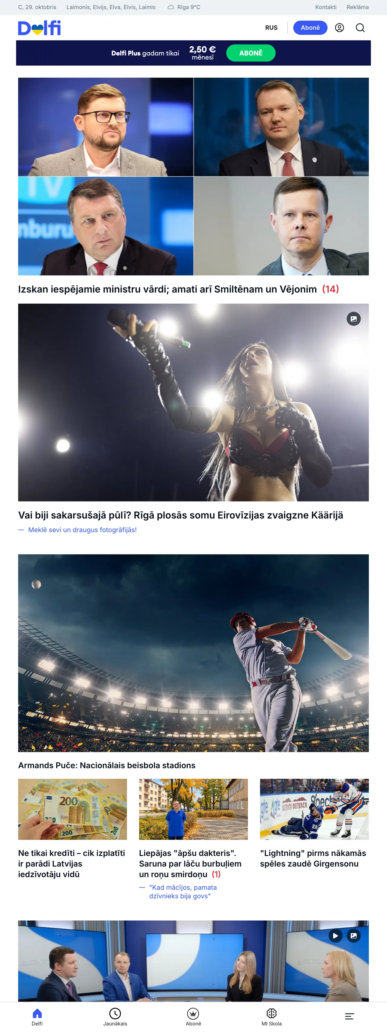 Screenshot of the Delfi front page