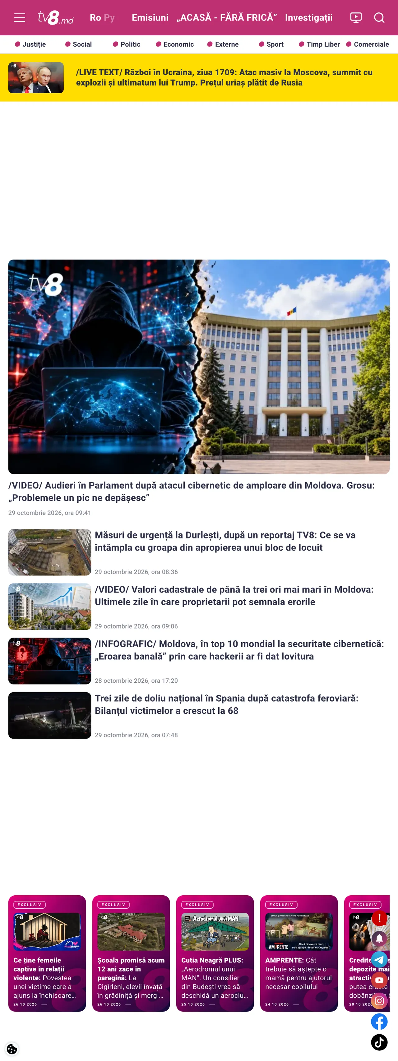 Screenshot of the TV8 front page