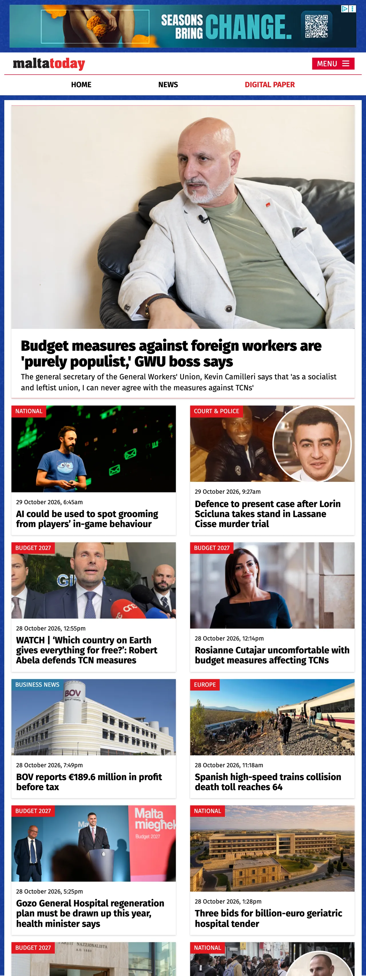 Screenshot of the Malta Today front page