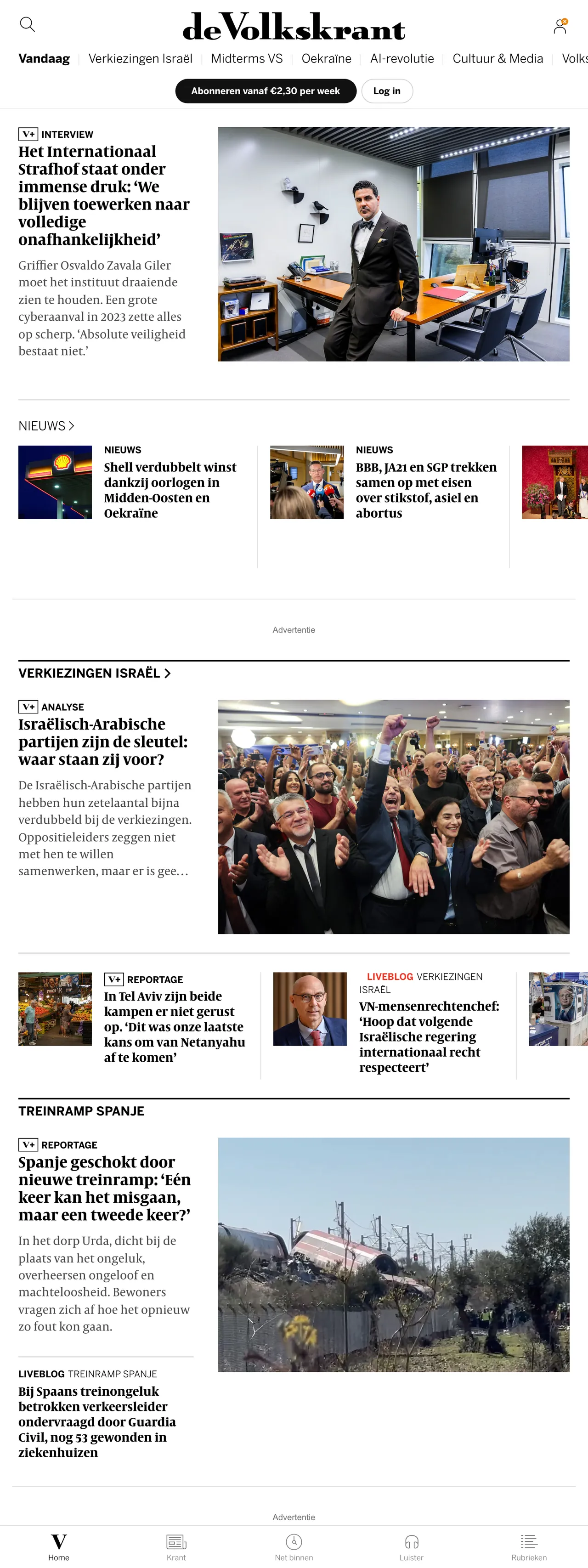 Screenshot of the de Volkskrant front page