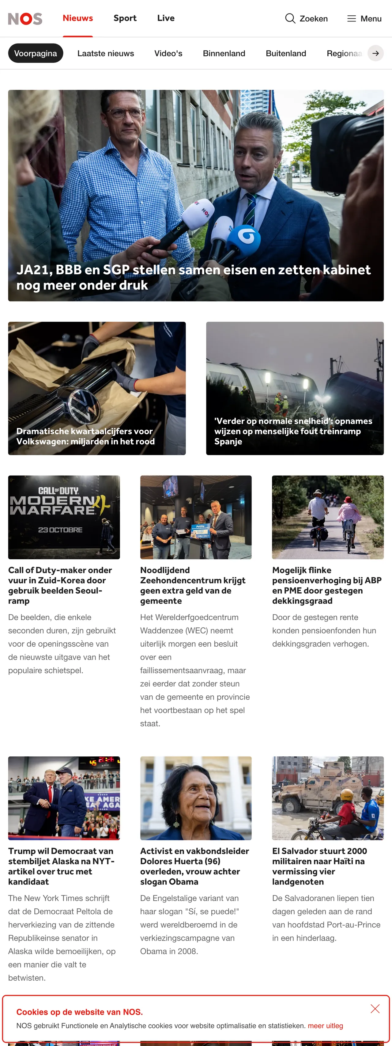 Screenshot of the NOS front page