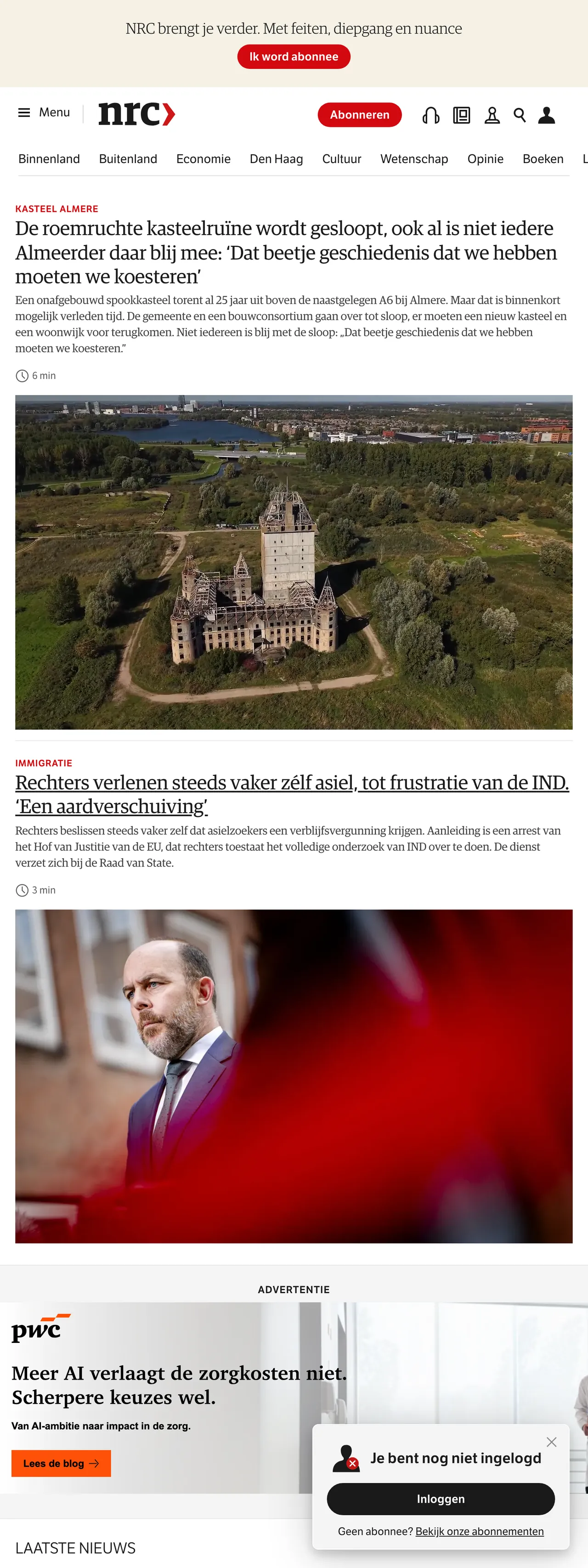 Screenshot of the NRC front page