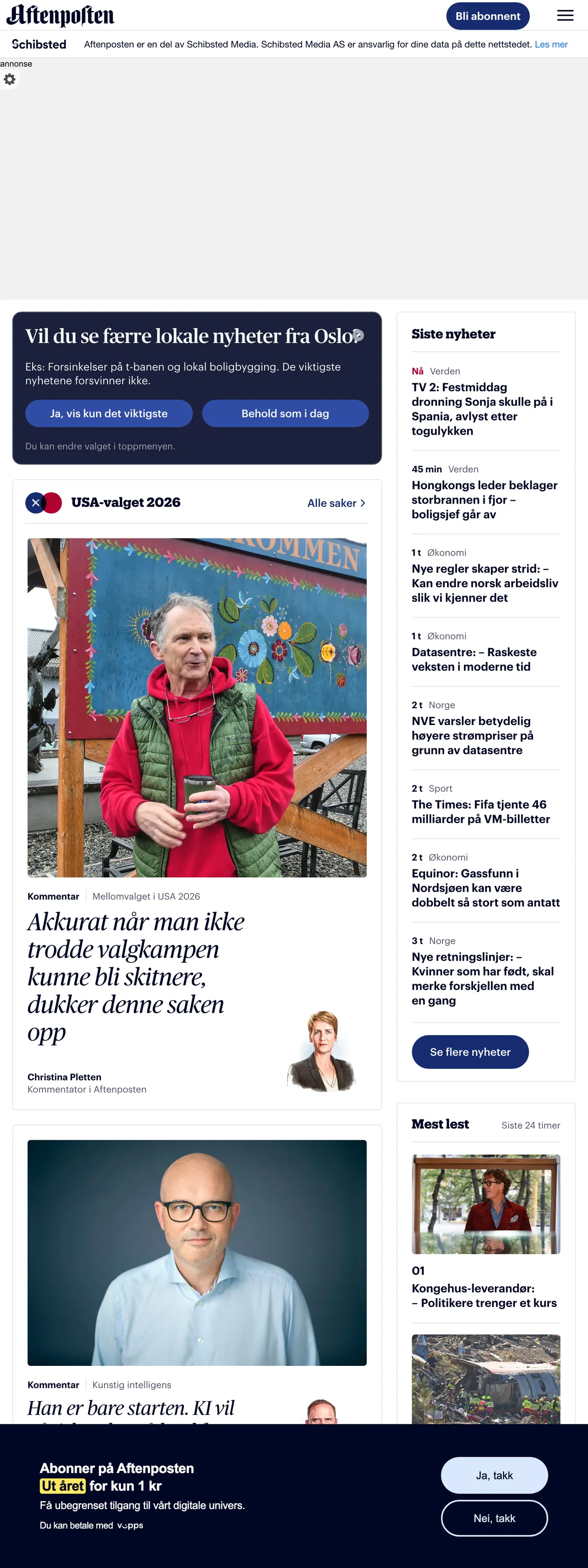 Screenshot of the Aftenposten front page