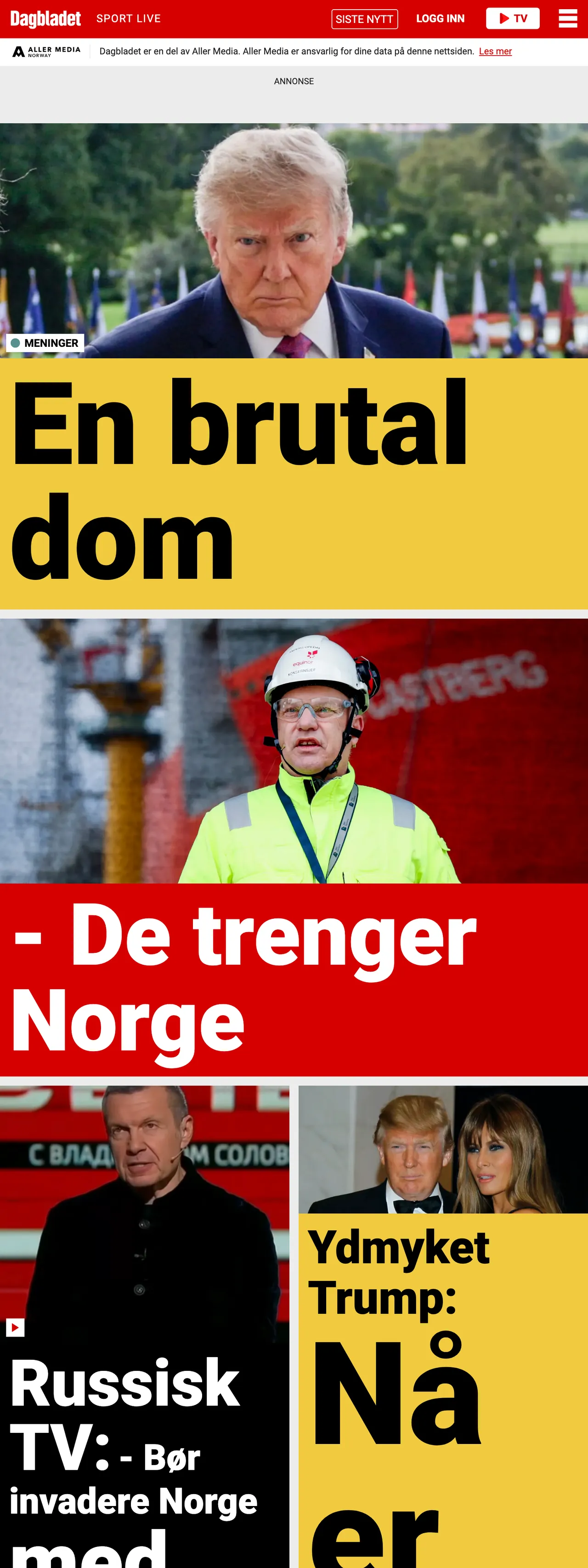 Screenshot of the Dagbladet front page