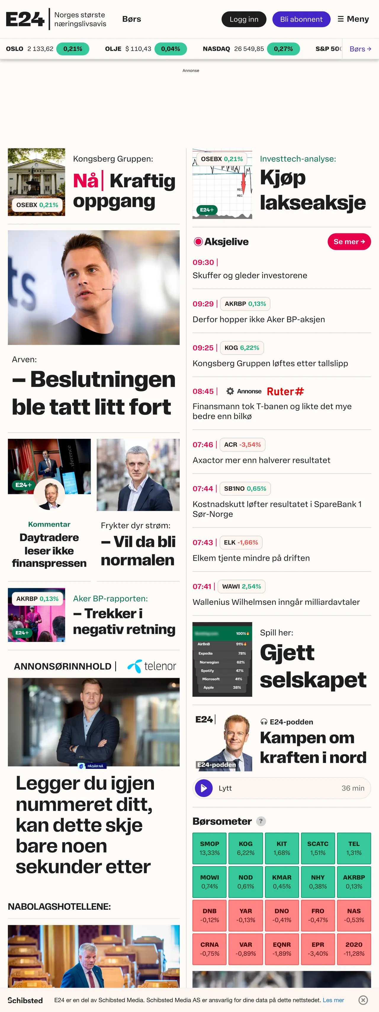 Screenshot of the E24 front page
