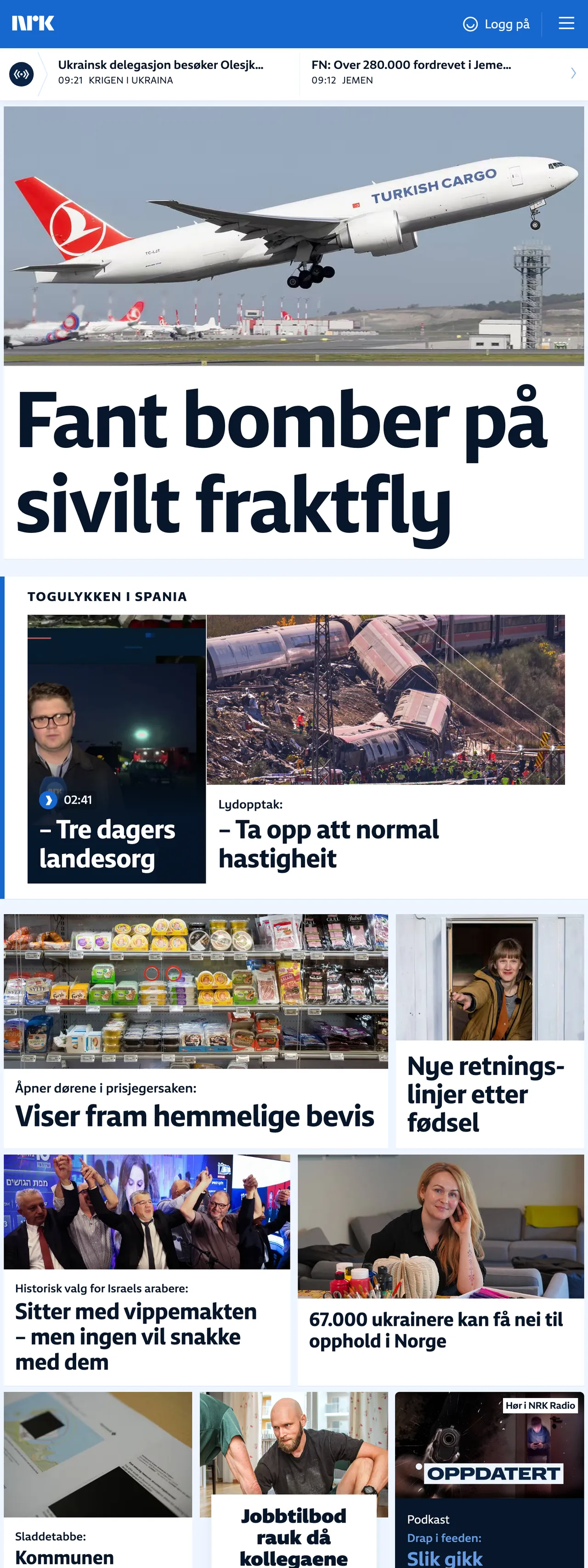 Screenshot of the NRK front page