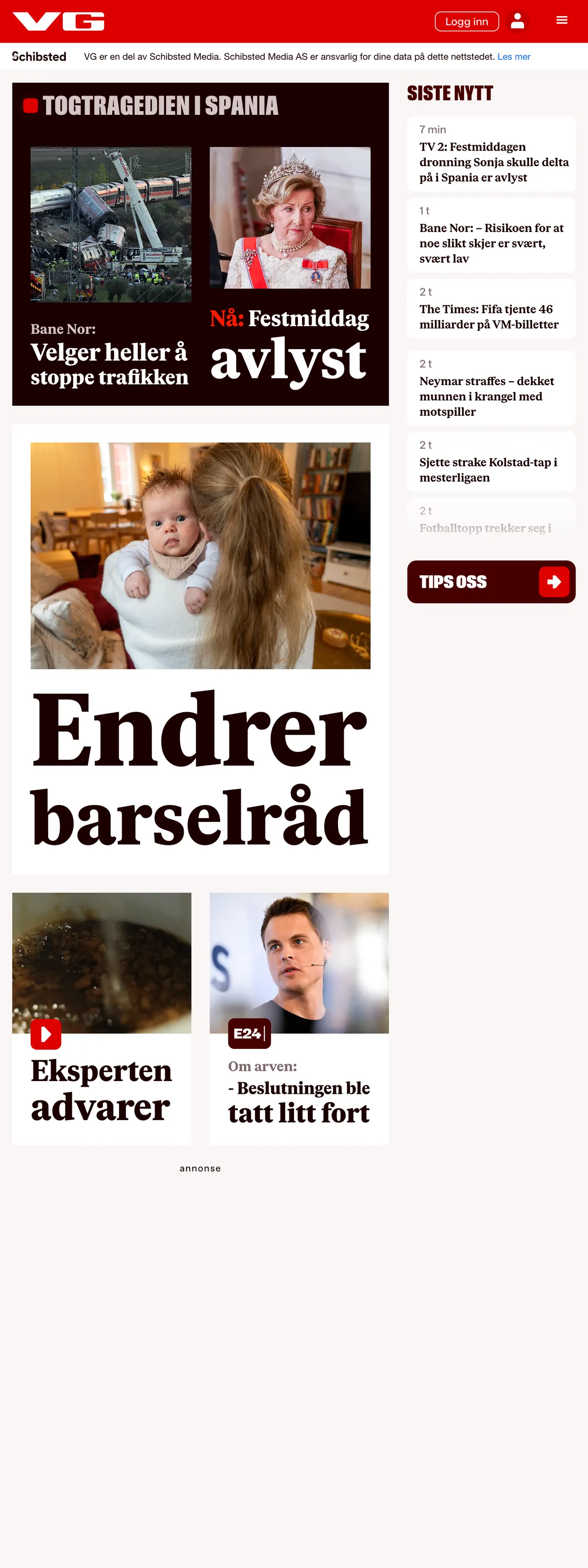 Screenshot of the VG front page
