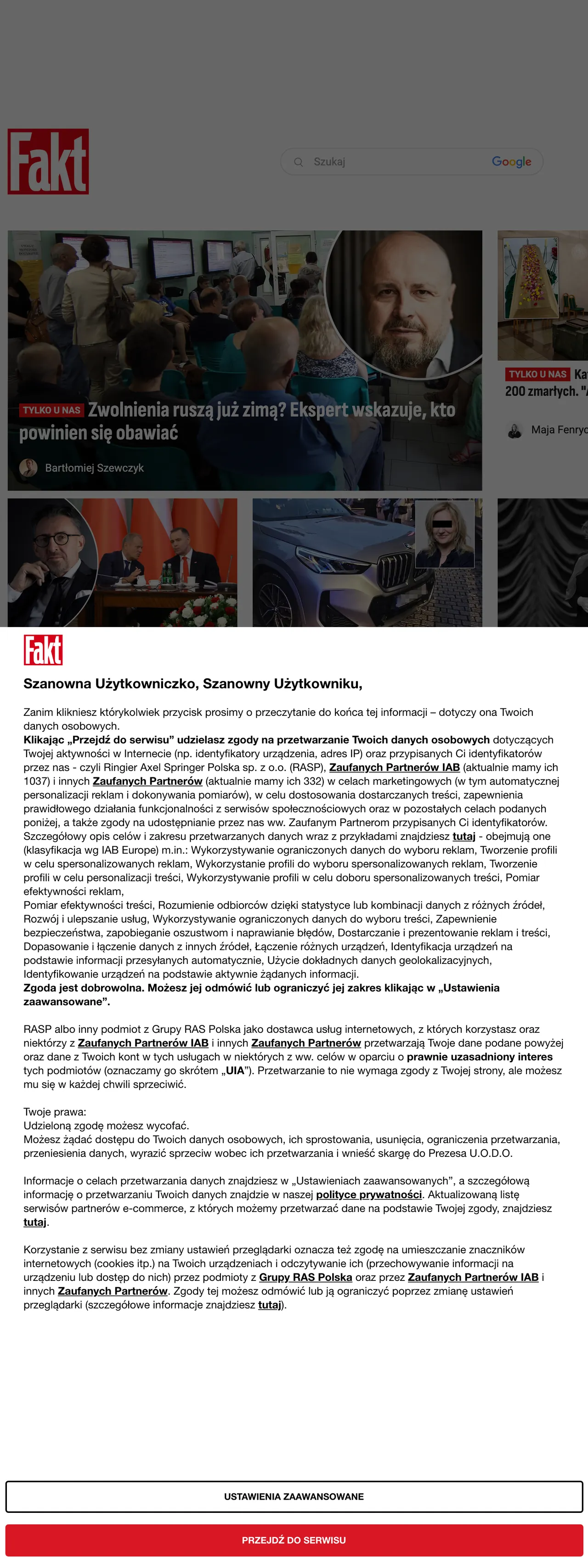 Screenshot of the Fakt front page