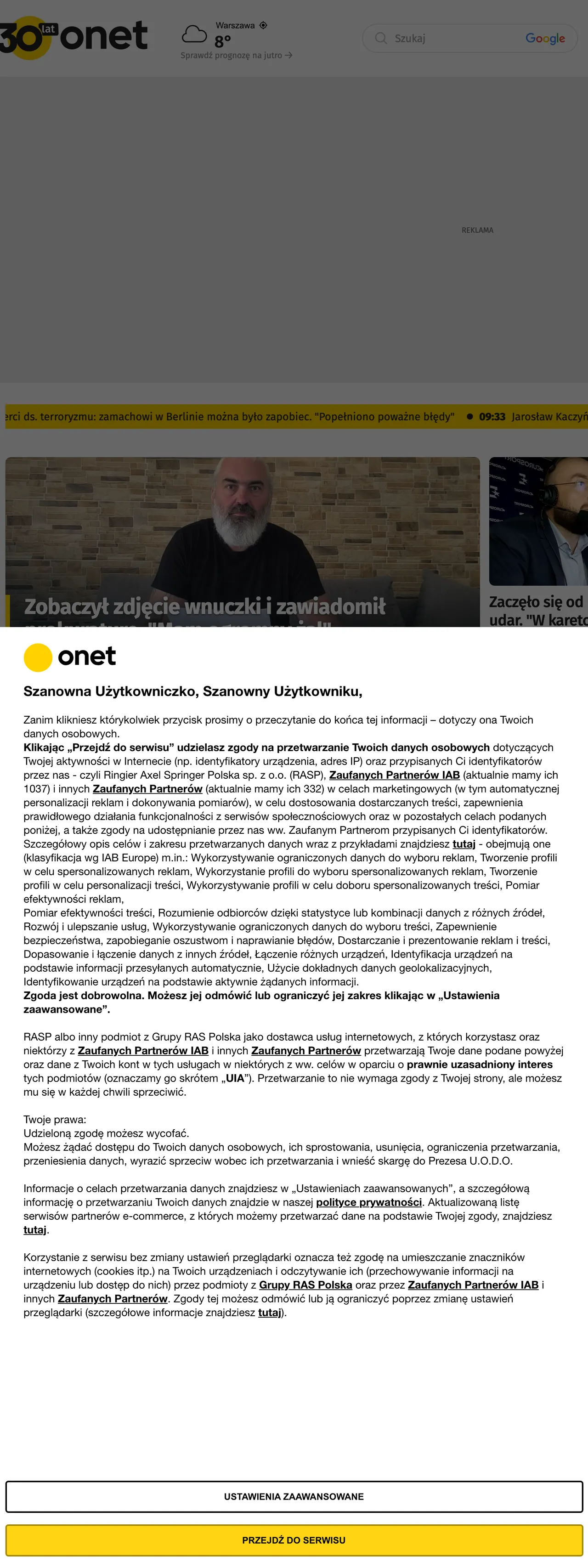 Screenshot of the Onet front page