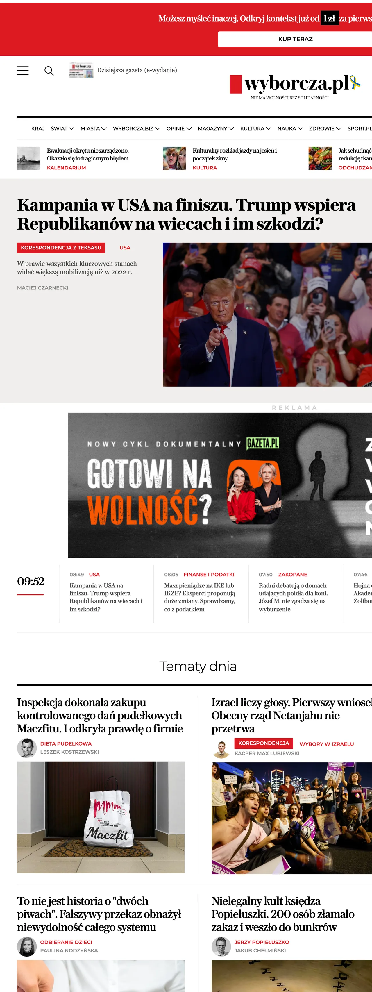 Screenshot of the Wyborcza front page