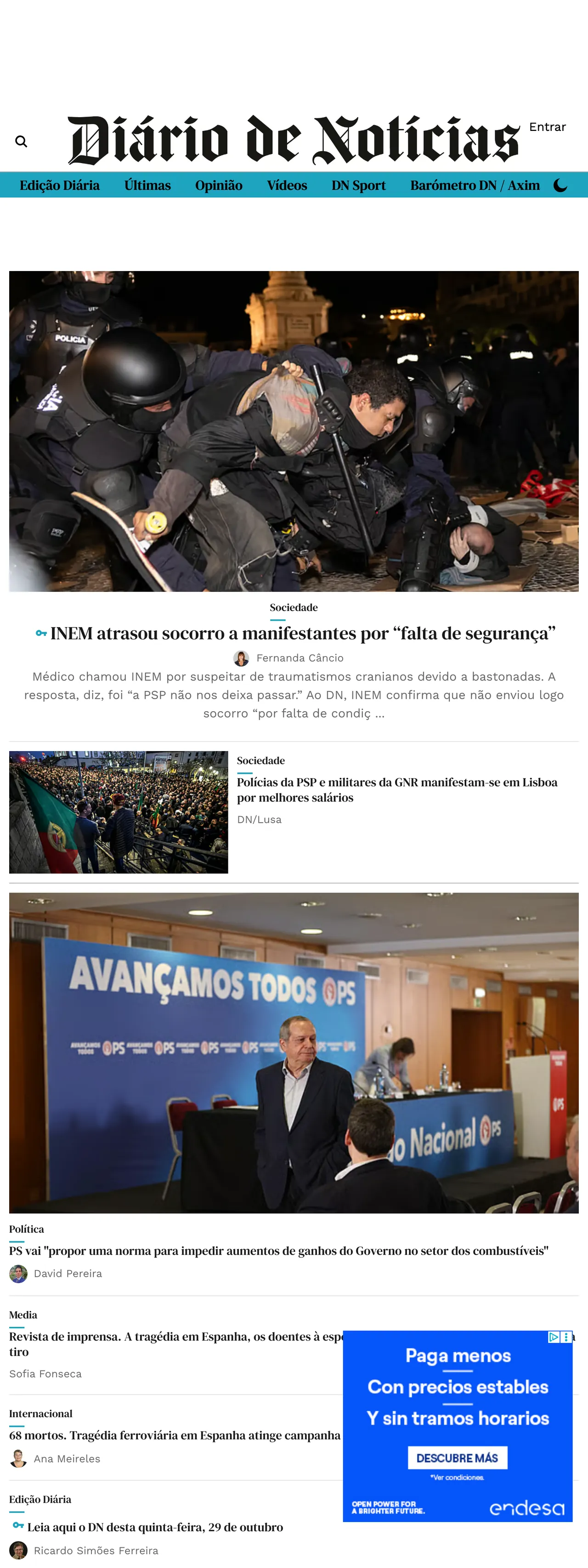 Screenshot of the Diário de Notícias front page