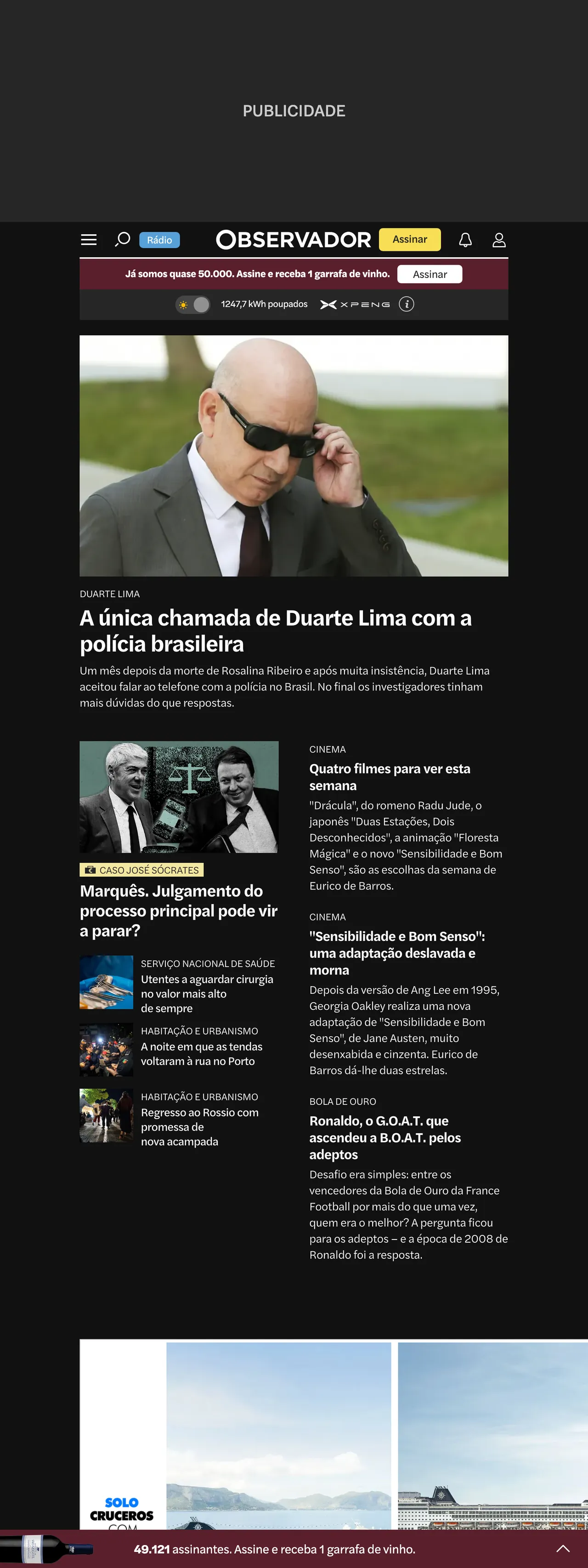 Screenshot of the Observador front page