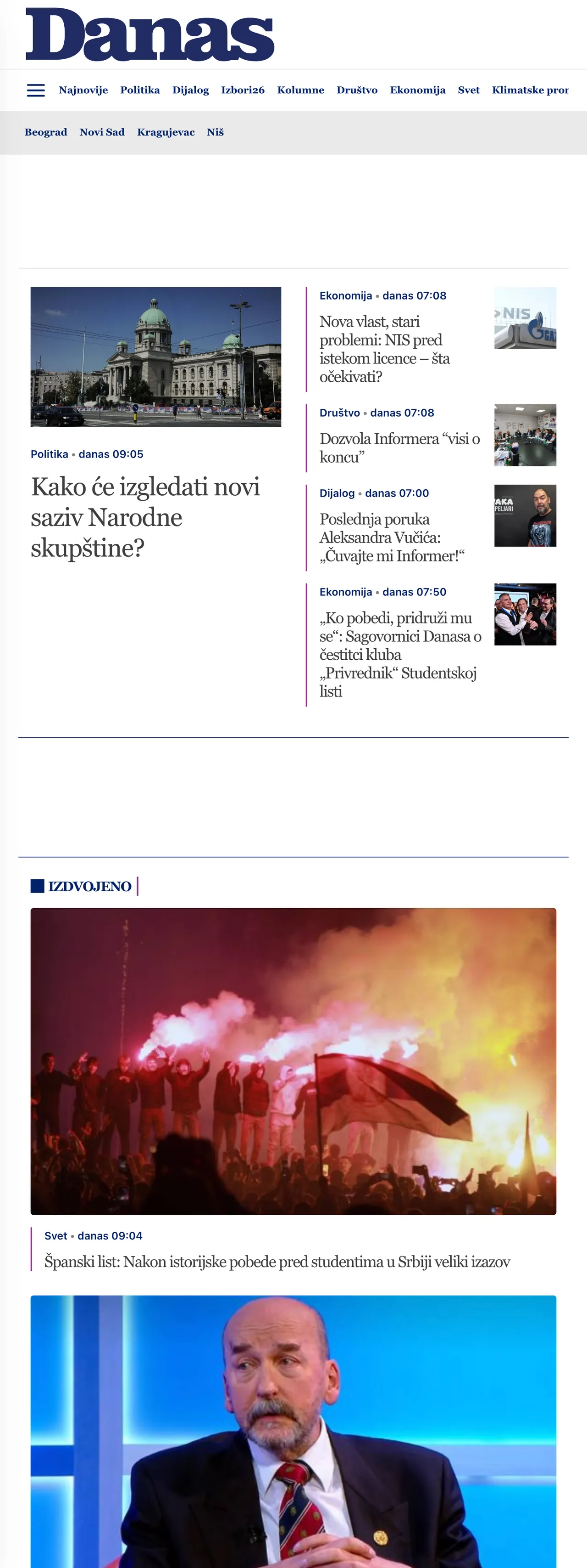 Screenshot of the Danas front page