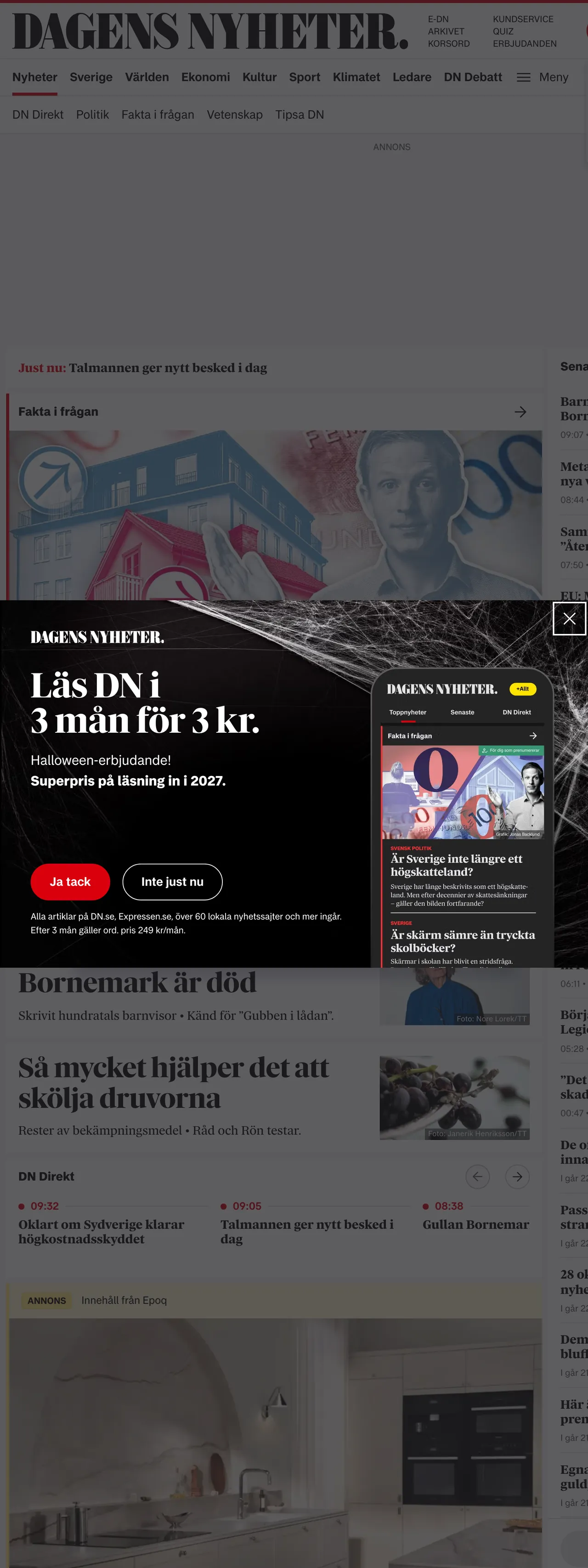 Screenshot of the Dagens Nyheter front page