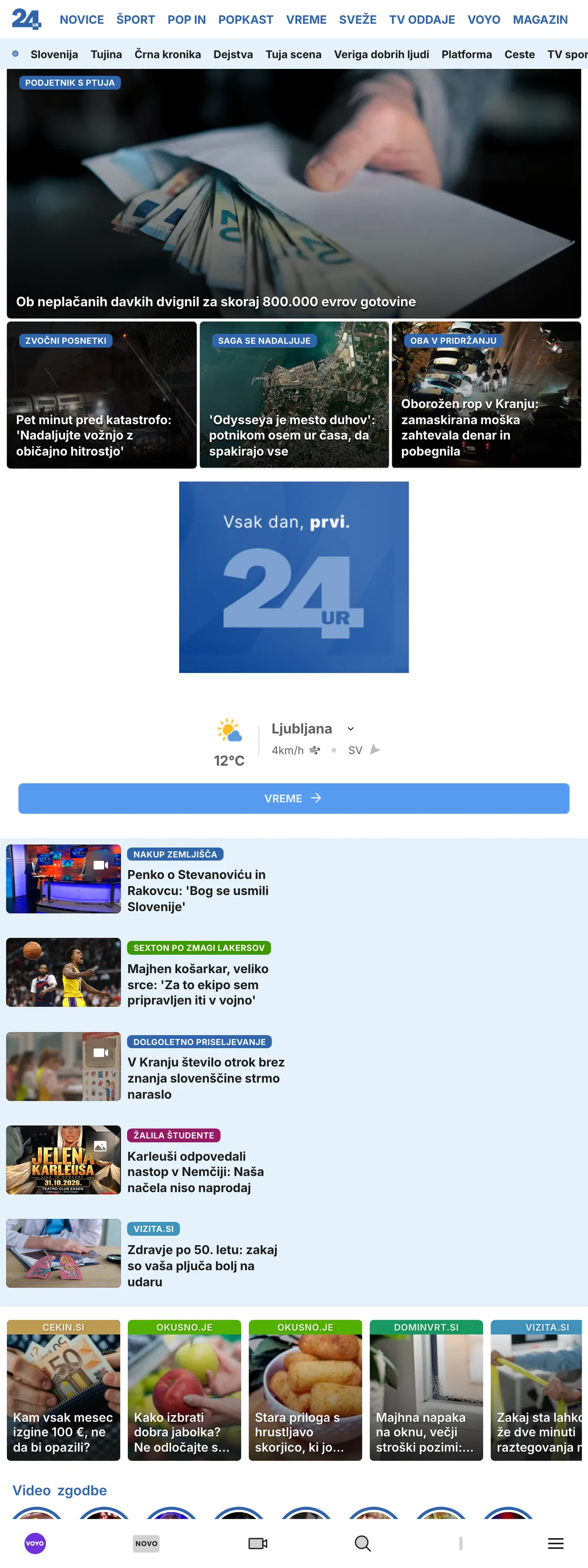 Screenshot of the 24ur front page