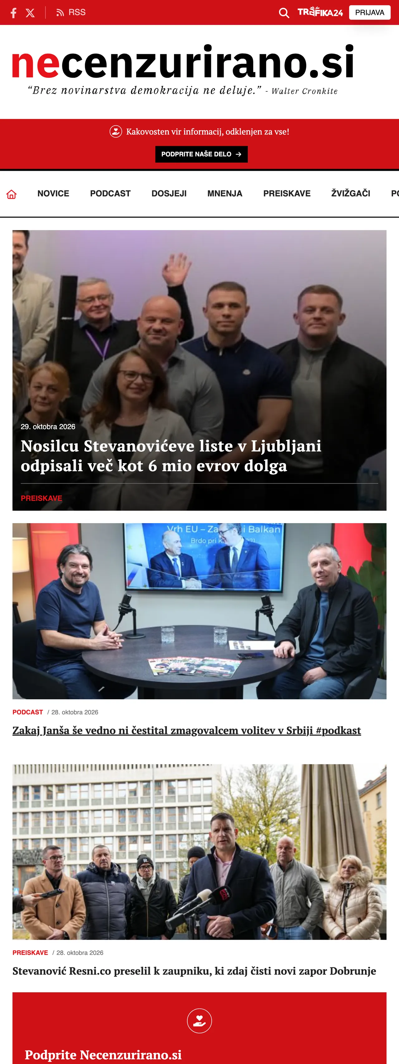 Screenshot of the Necenzurirano front page