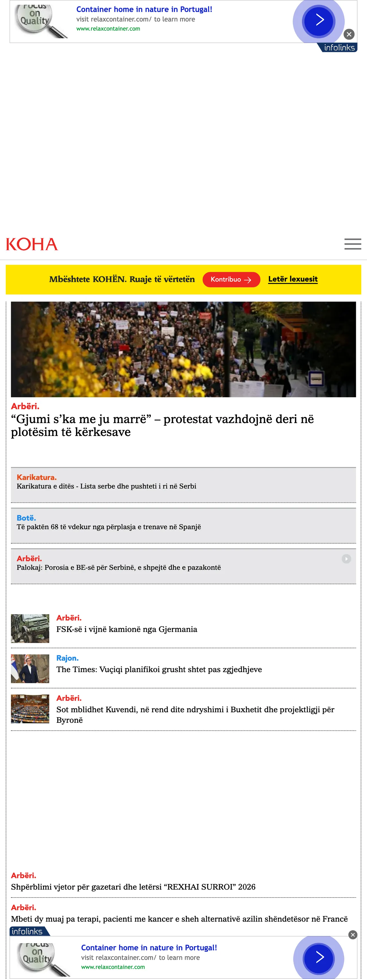 Screenshot of the Koha Ditore front page