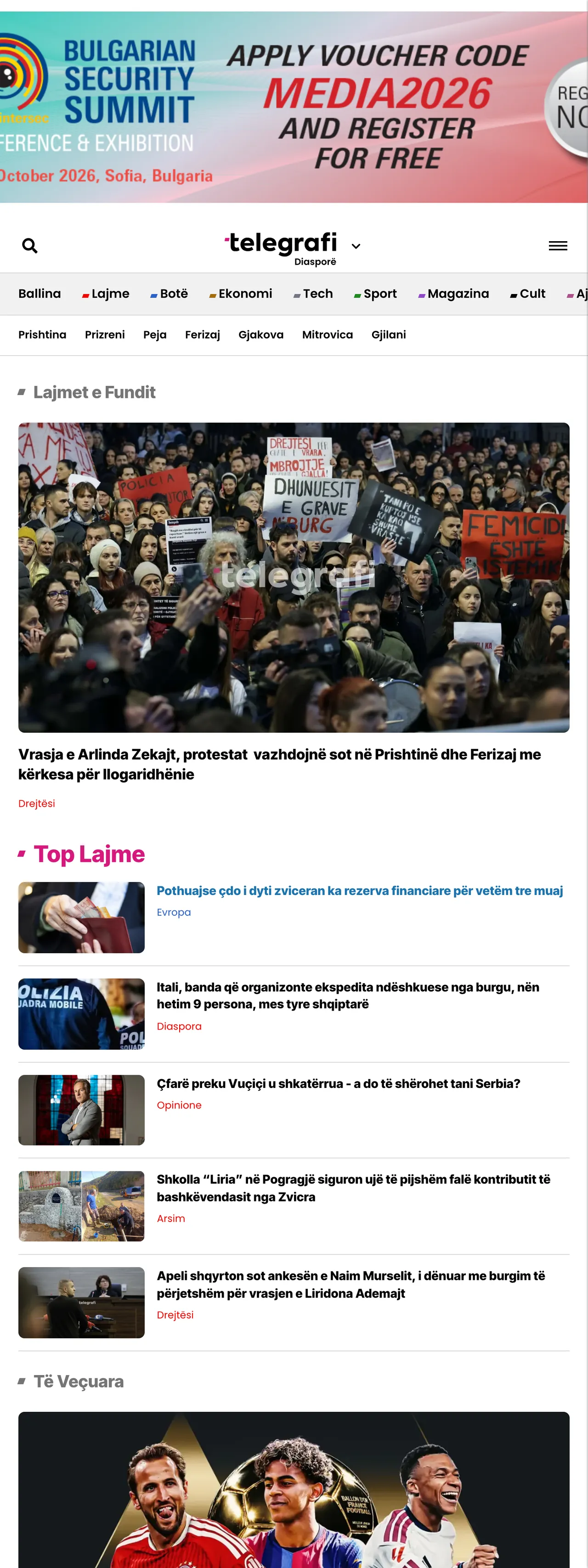 Screenshot of the Telegrafi front page
