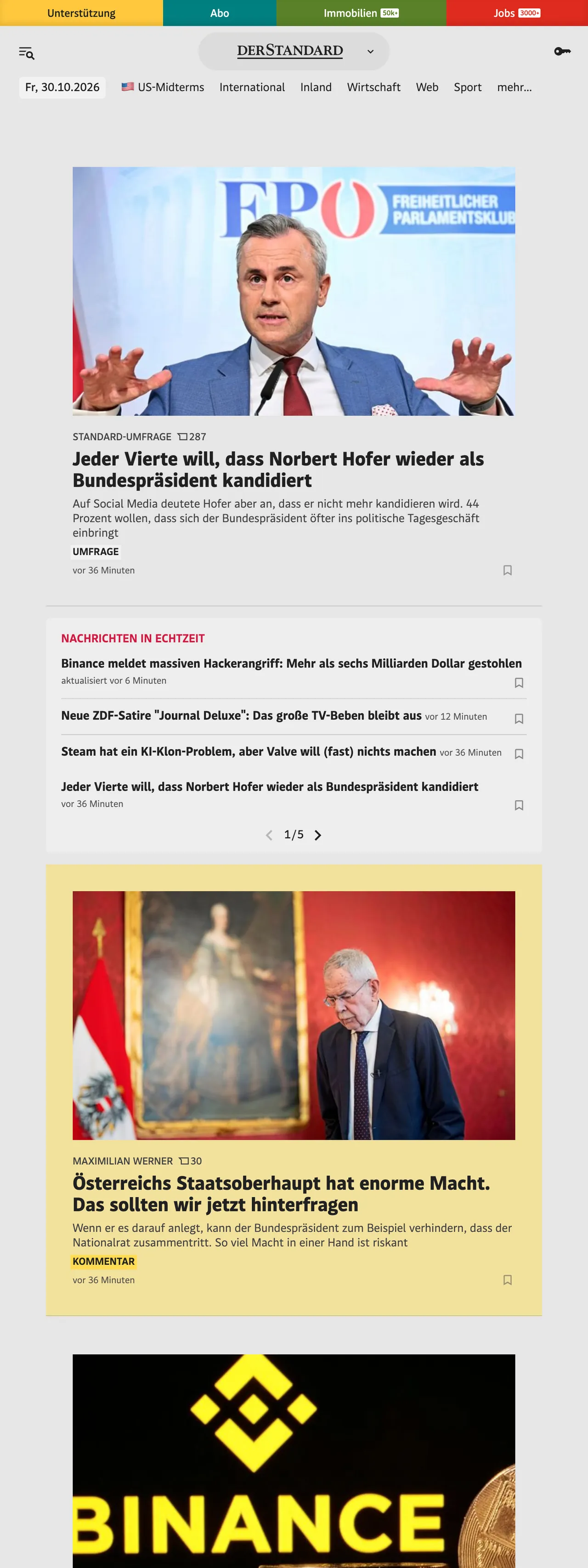 Screenshot of the DER STANDARD front page