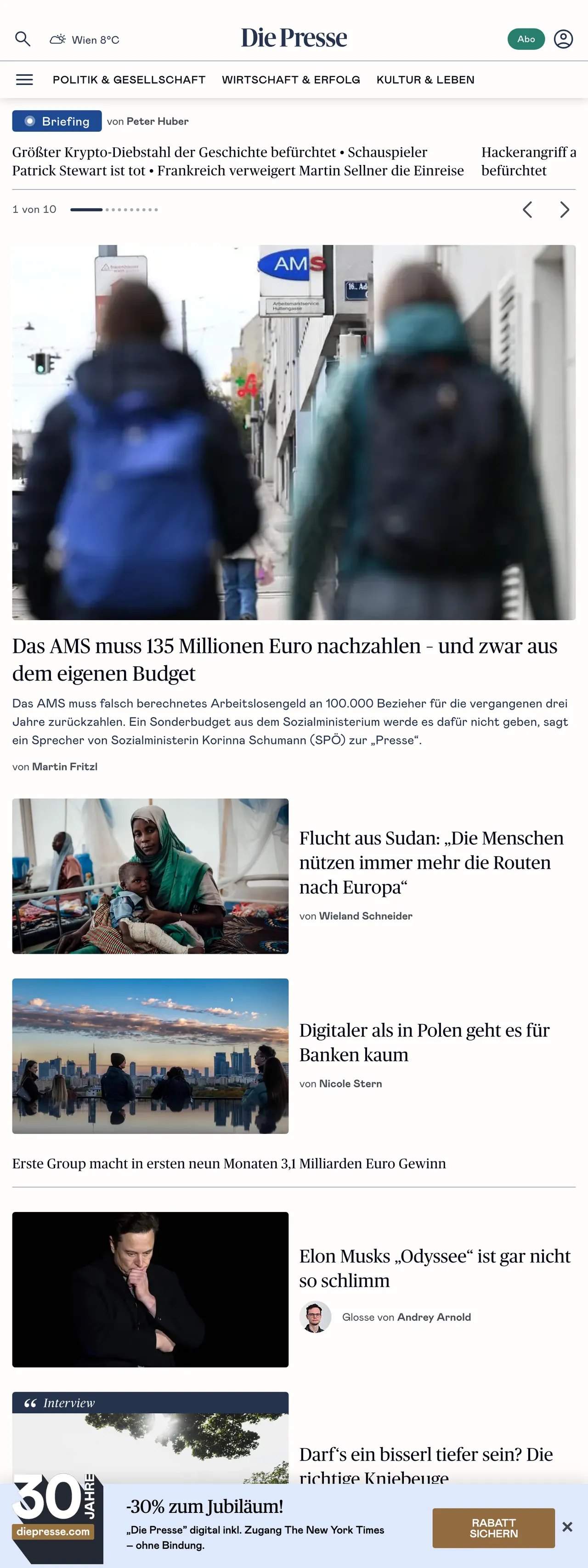Screenshot of the Die Presse front page