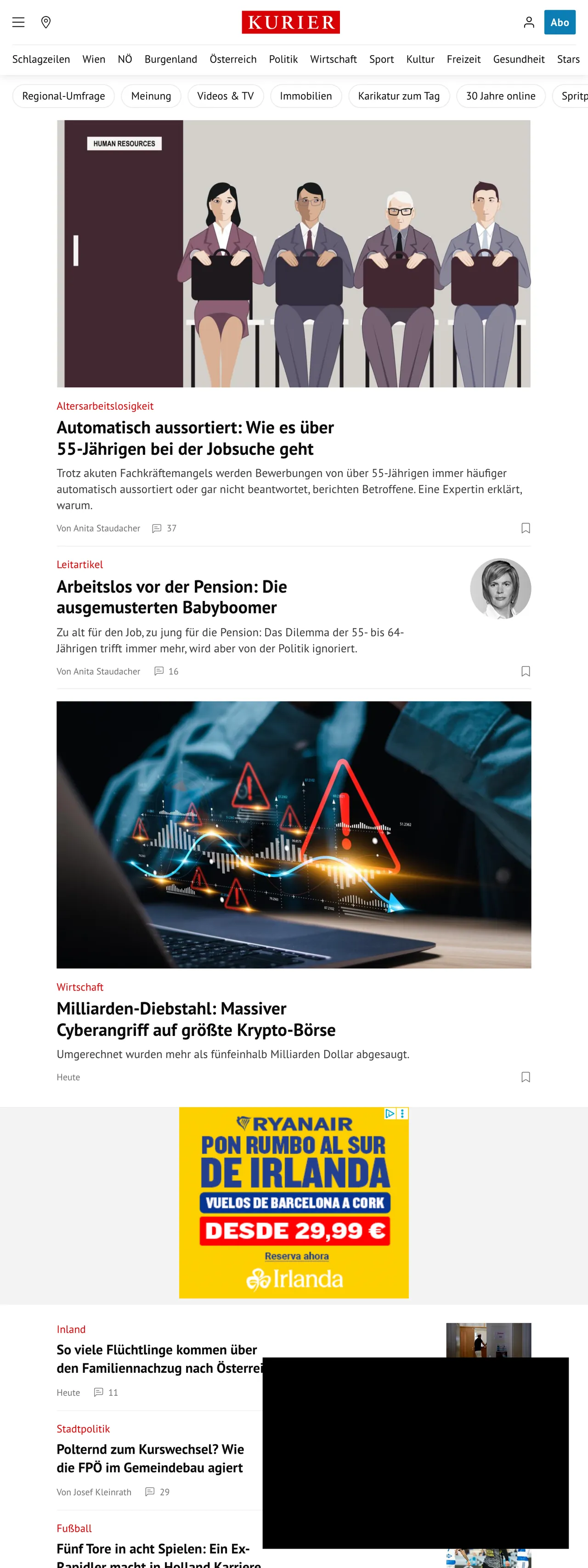 Screenshot of the Kurier front page
