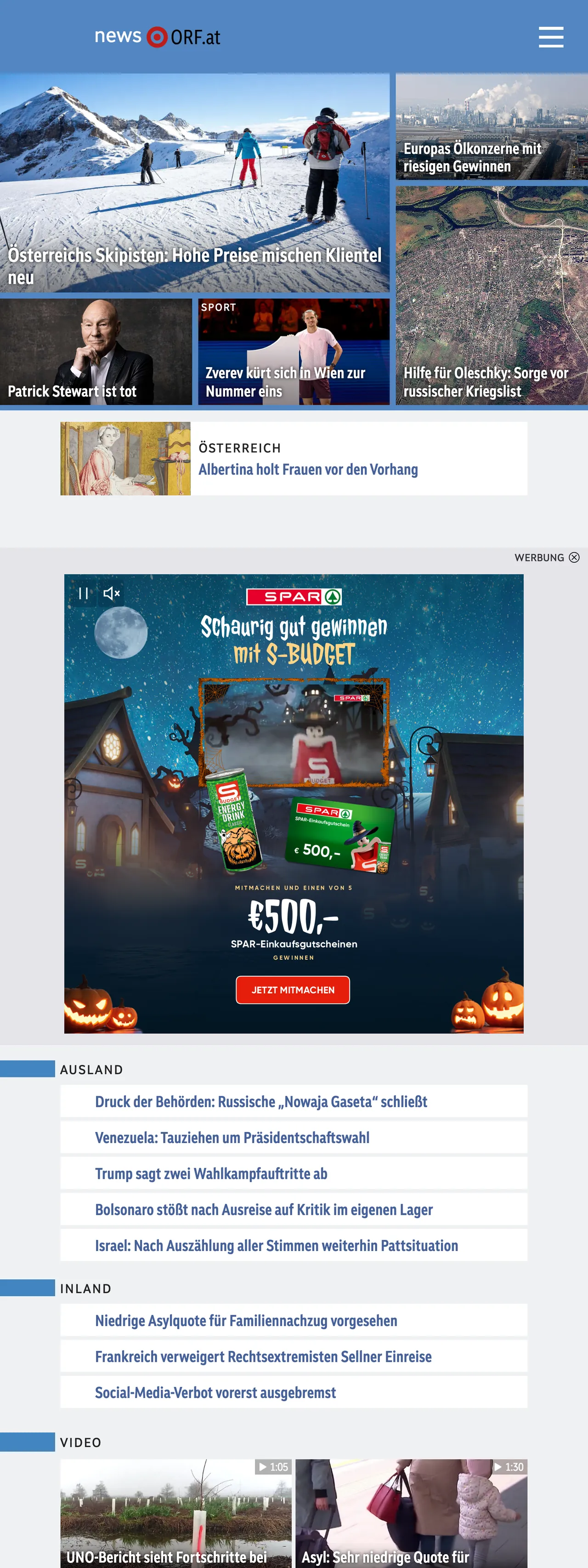 Screenshot of the ORF front page