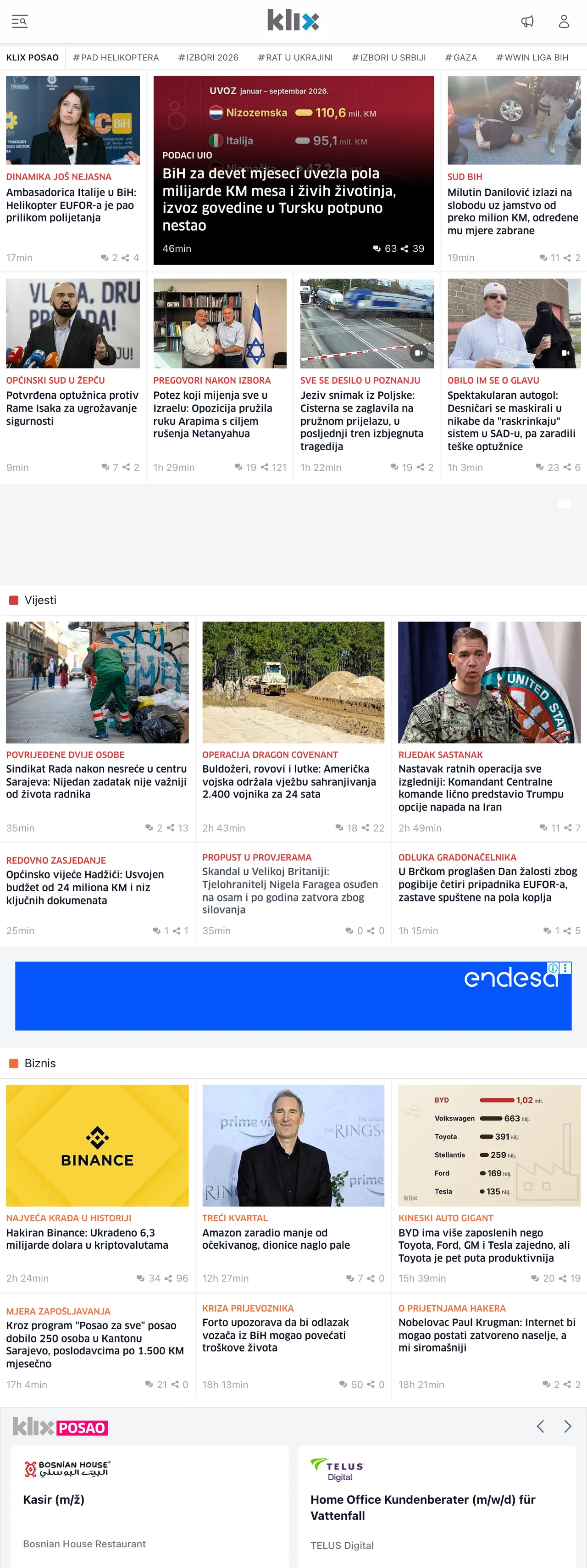 Screenshot of the Klix.ba front page