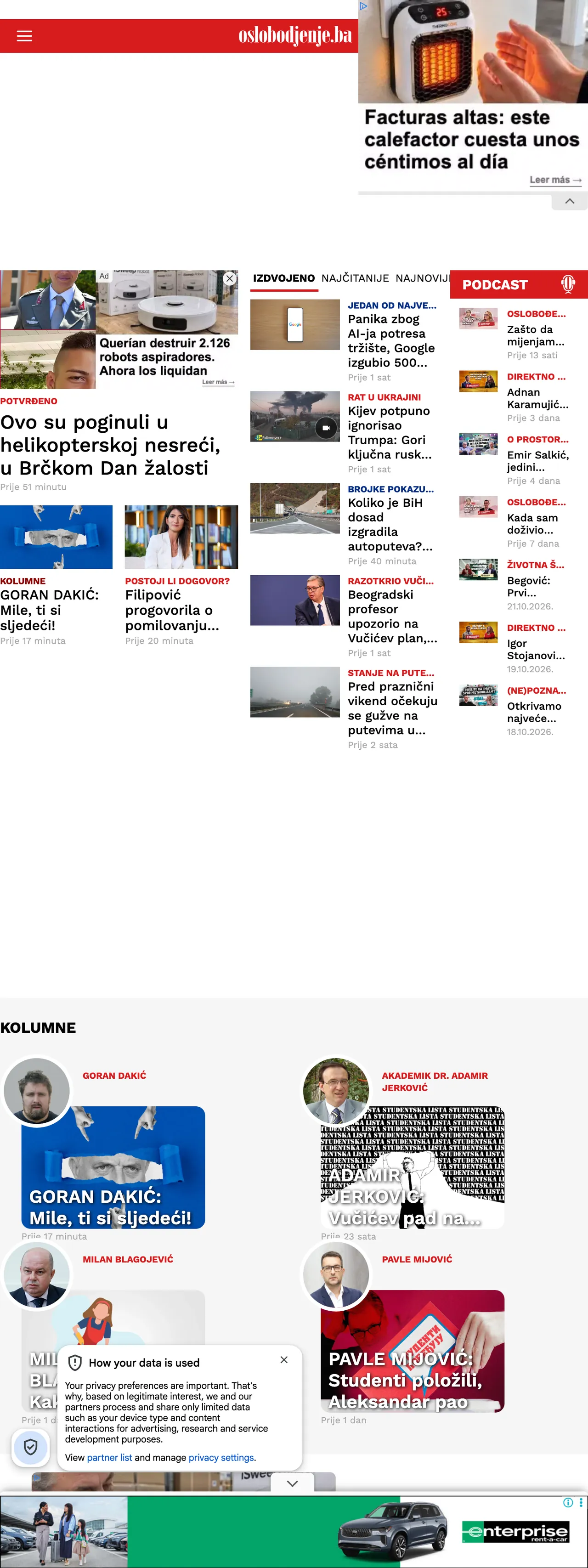 Screenshot of the Oslobođenje front page