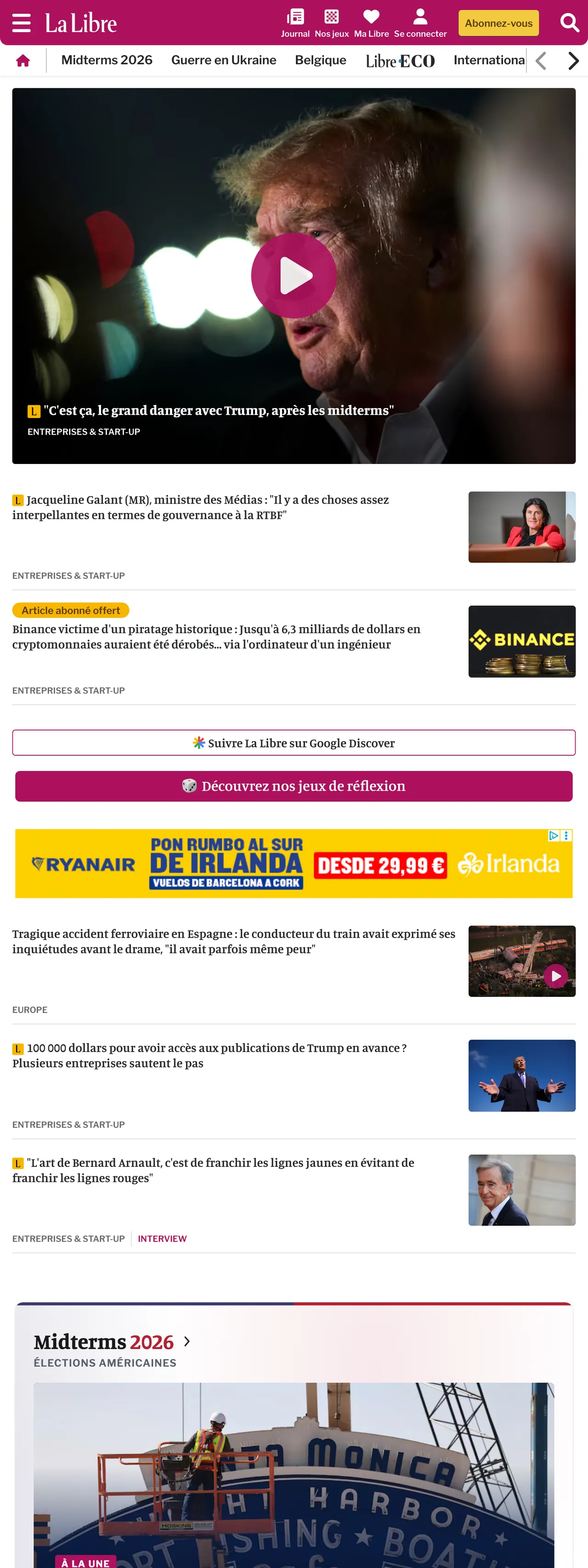 Screenshot of the La Libre front page