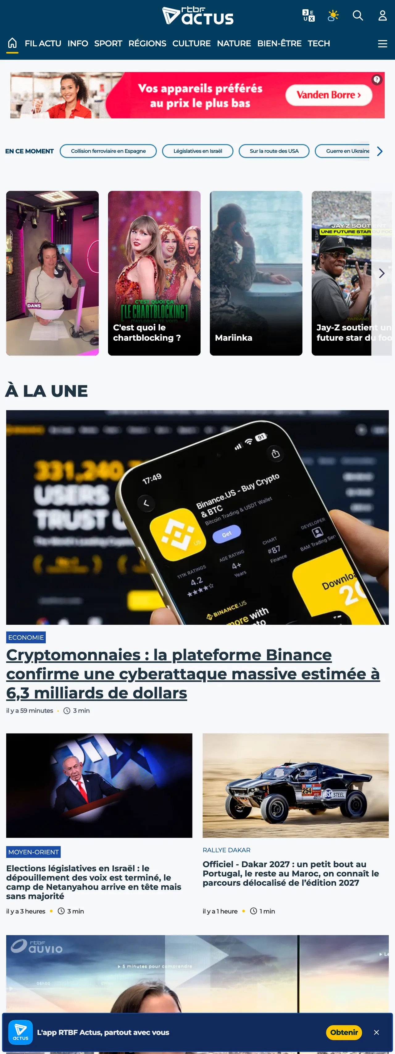 Screenshot of the RTBF front page