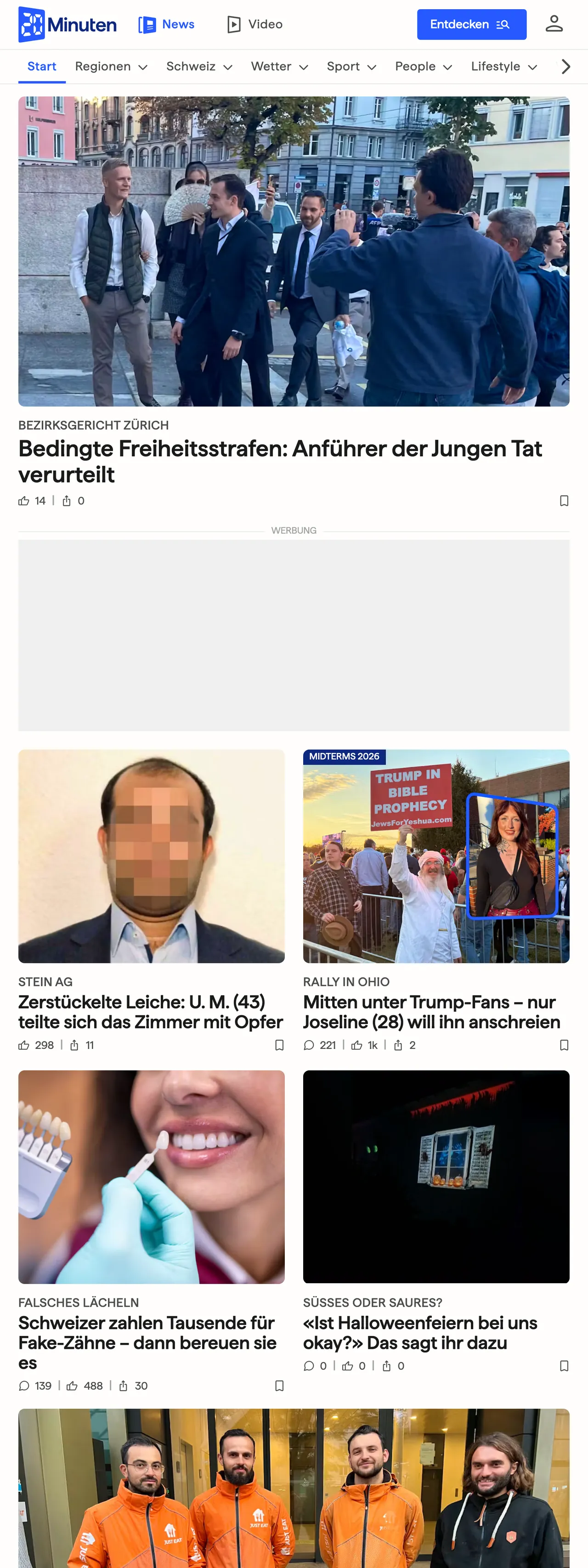 Screenshot of the 20 Minuten front page