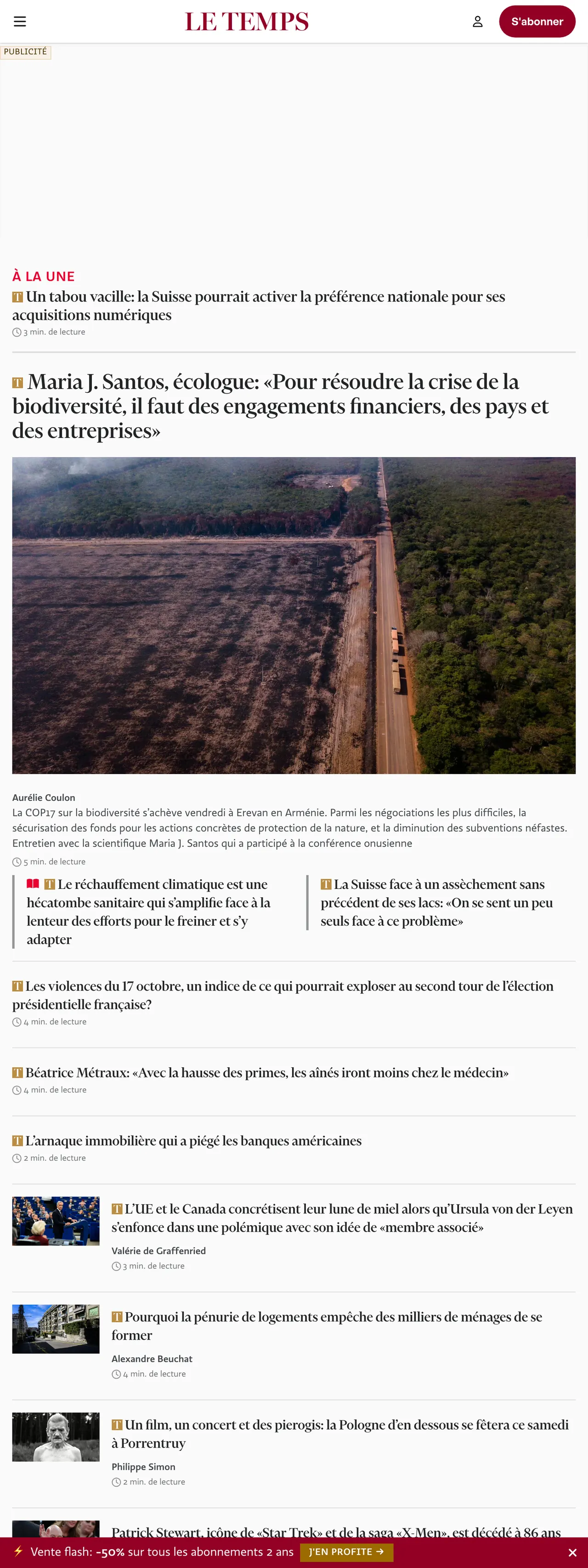 Screenshot of the Le Temps front page