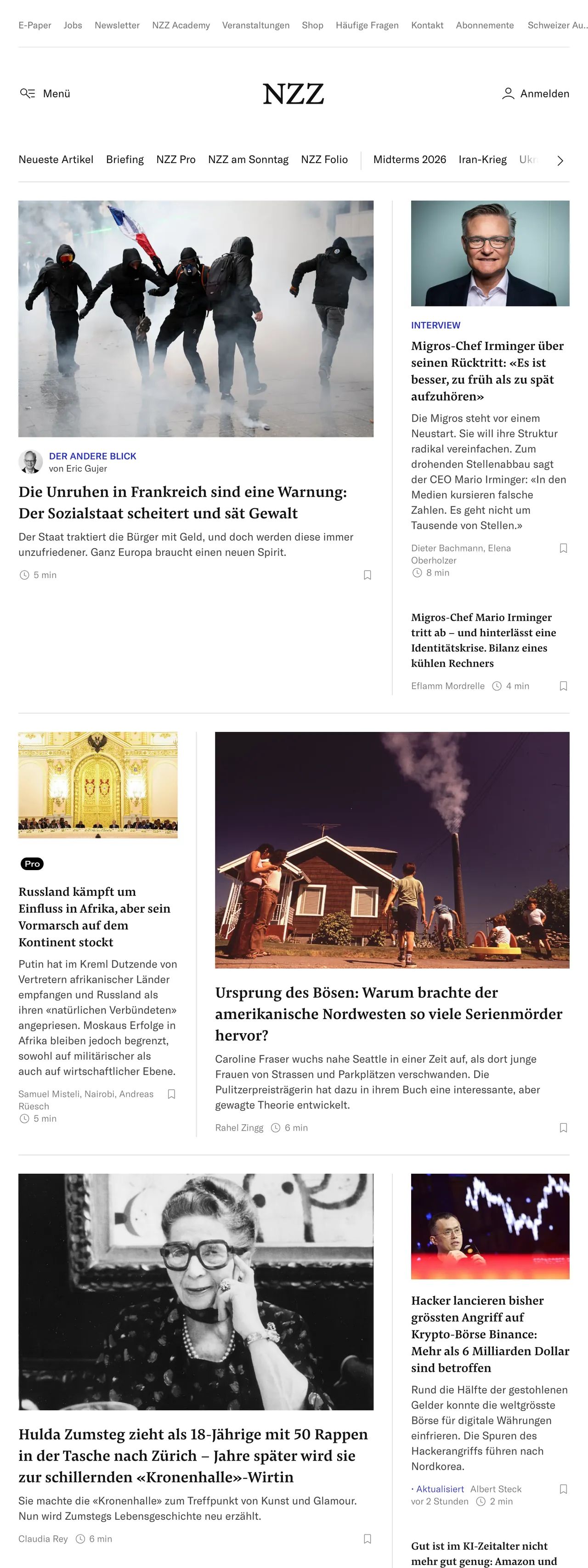 Screenshot of the Neue Zürcher Zeitung front page