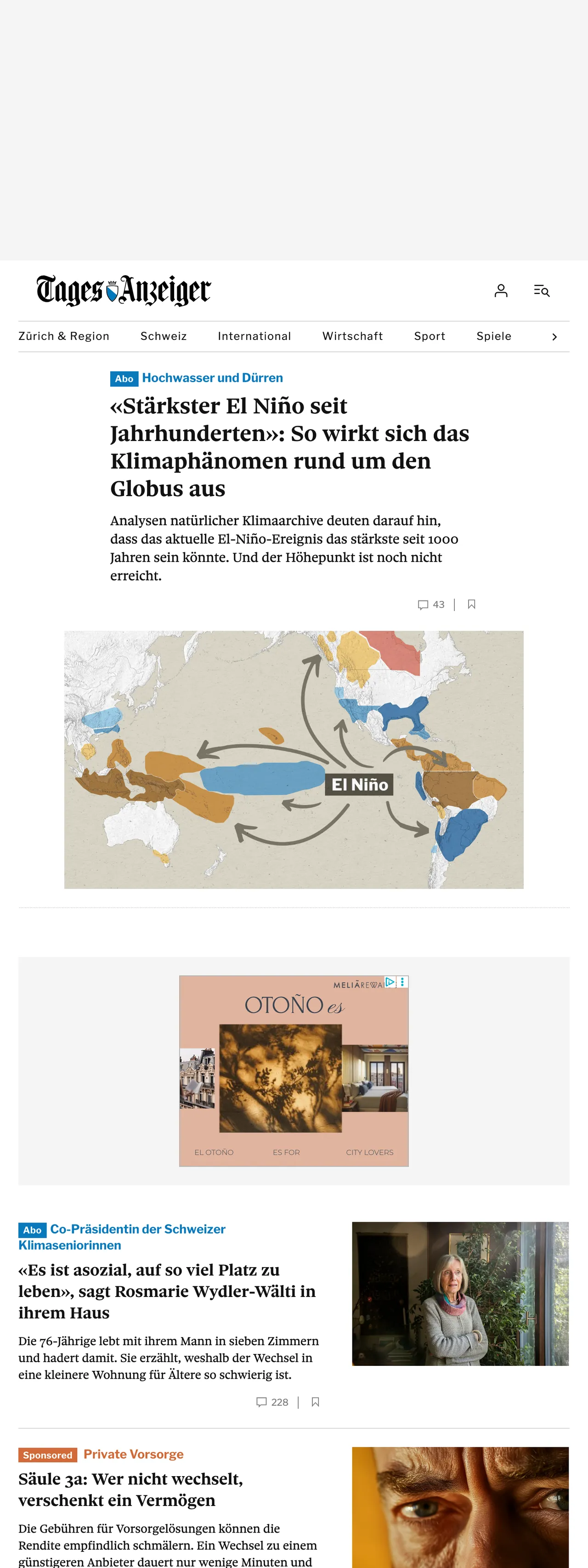 Screenshot of the Tages-Anzeiger front page
