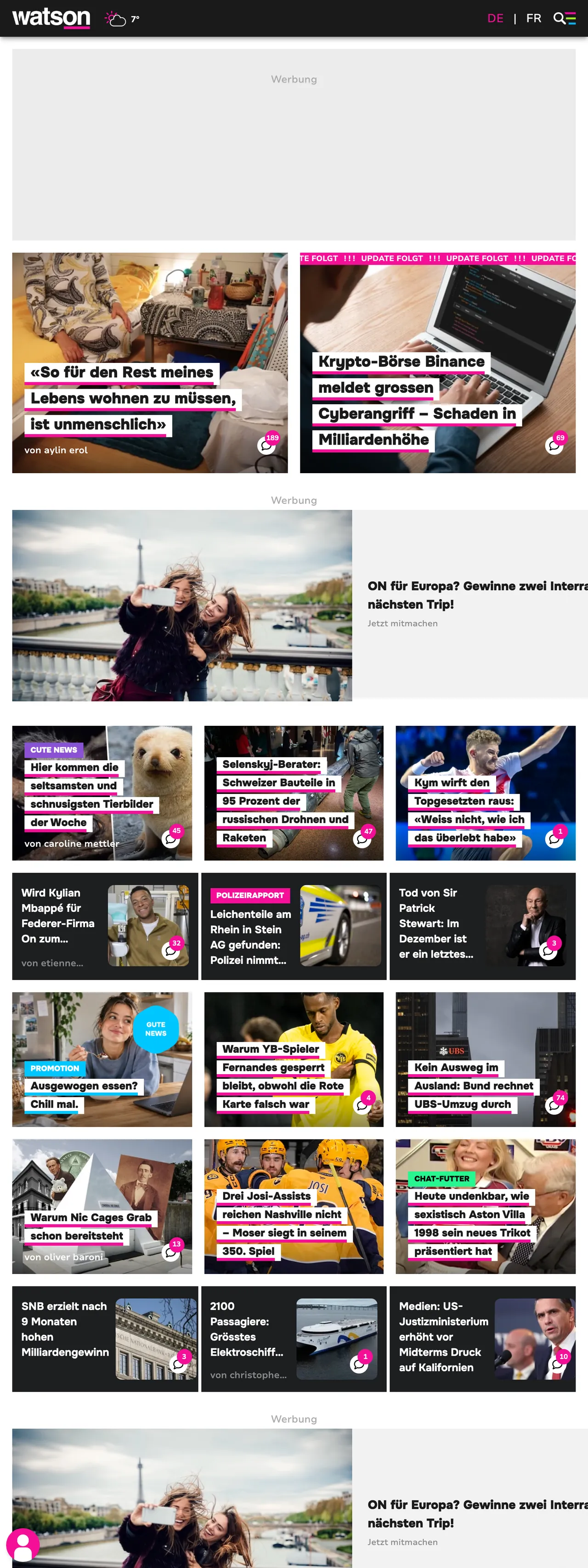 Screenshot of the watson front page